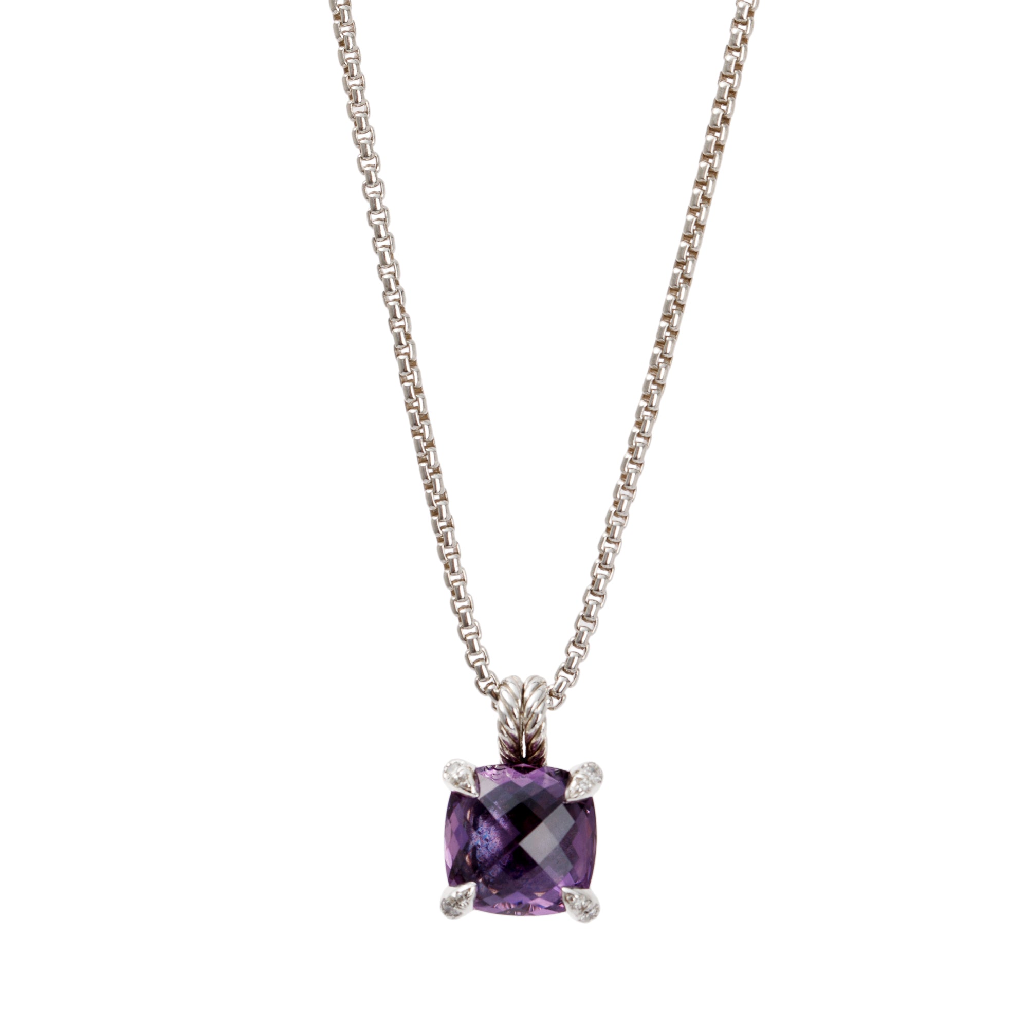 David Yurman Sterling Silver 11 MM Chatelaine Pendant Necklace with Amethyst & Pave Diamonds