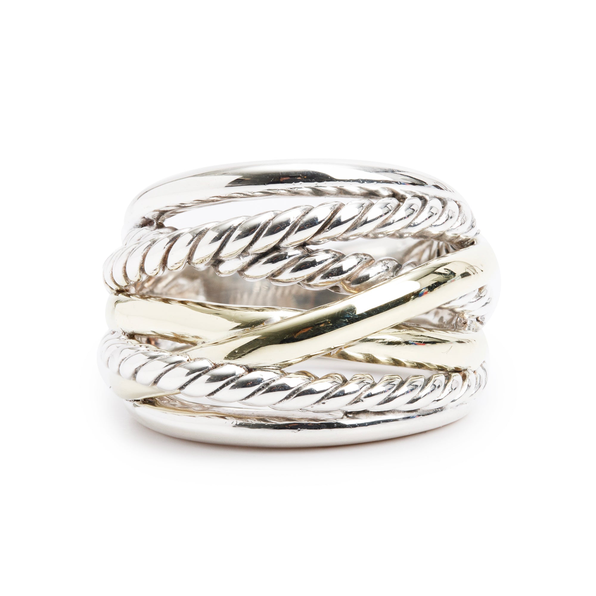 David Yurman Sterling Silver & 14k Yellow Gold 17 MM Crossover Ring, Size 6.5