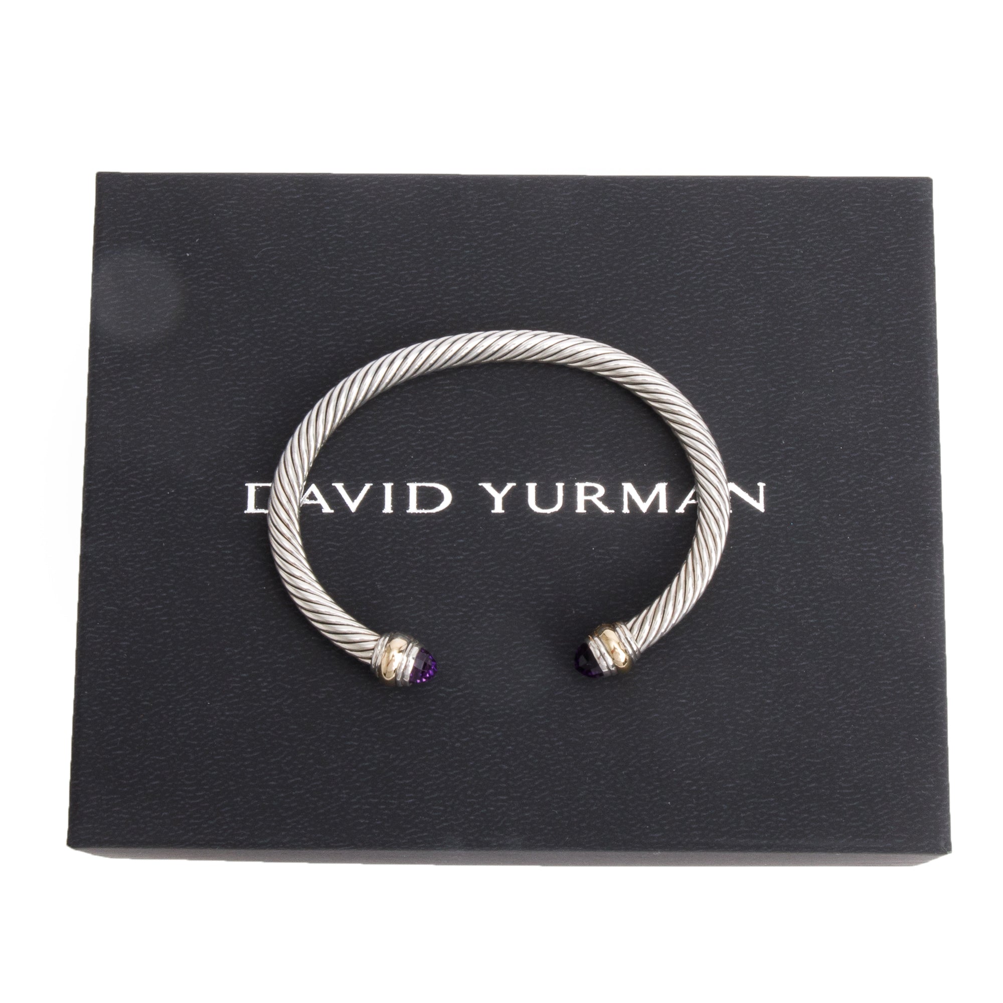 David Yurman Sterling Silver & 14k Yellow Gold Amethyst 5MM Cable Cuff Bracelet w/ Box