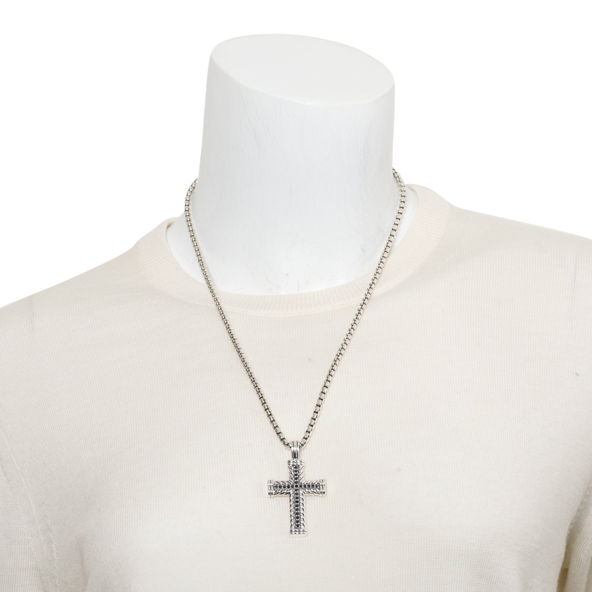 David Yurman Sterling Silver & 14k Yellow Gold Black Diamond Chevron Cross Pendant Necklace, 41.5 MM