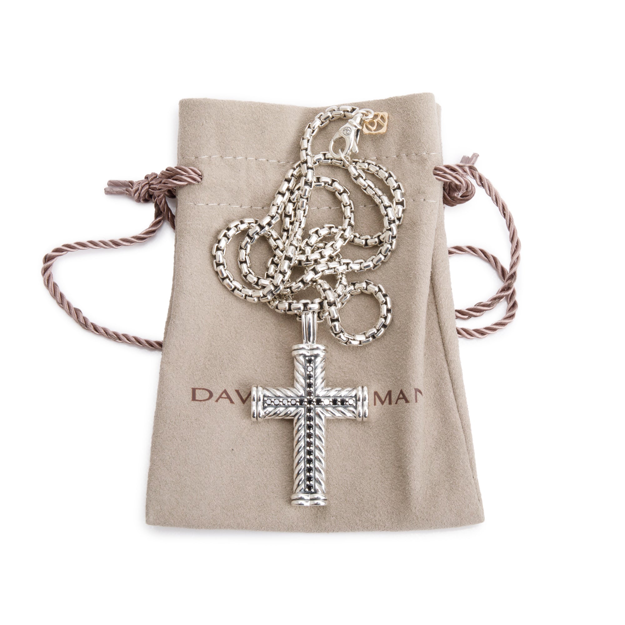 David Yurman Sterling Silver & 14k Yellow Gold Black Diamond Chevron Cross Pendant Necklace, 41.5 MM