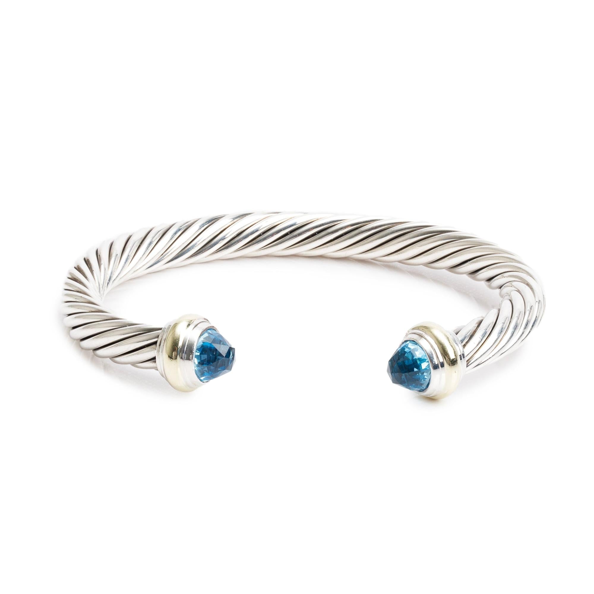 David Yurman Sterling Silver & 14k Yellow Gold Blue Topaz 7 MM Cable Classics Bracelet