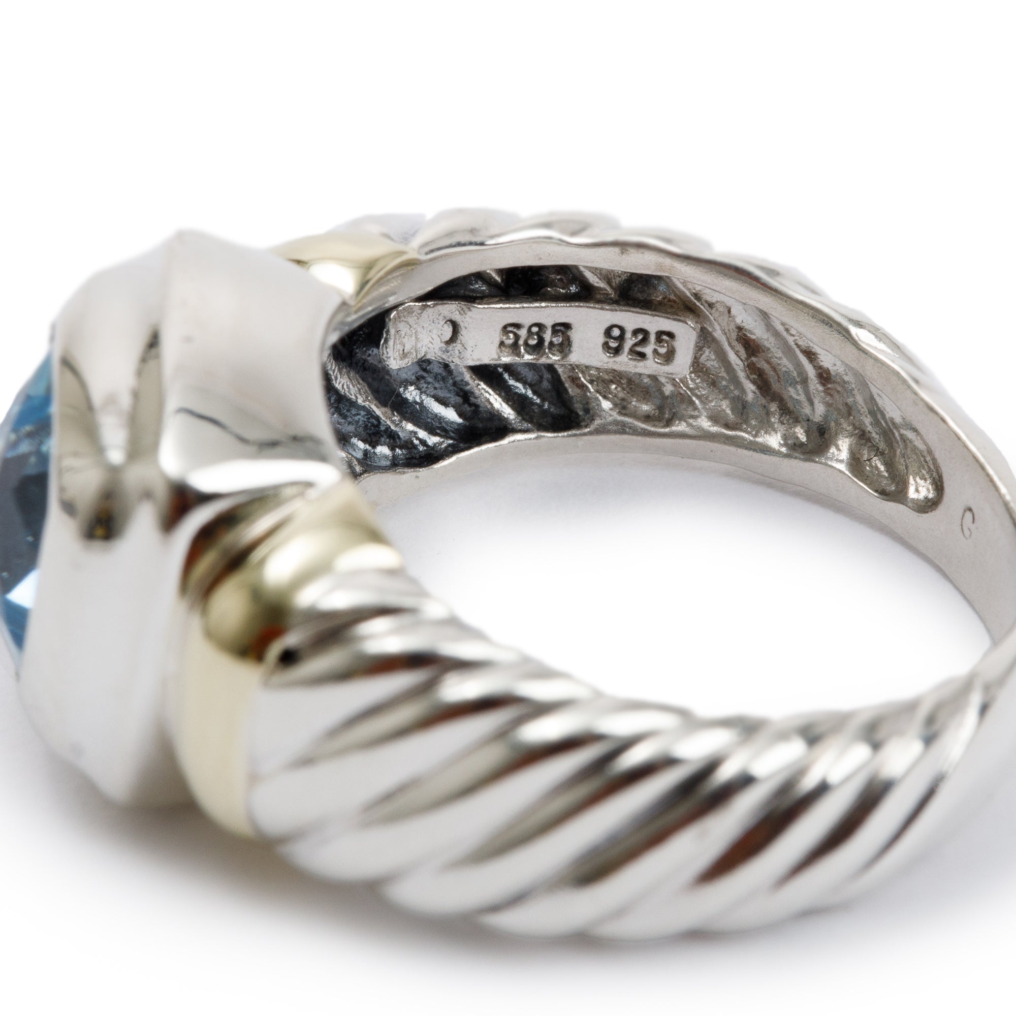 David Yurman Sterling Silver & 14k Yellow Gold Blue Topaz Sculpted Cable Cocktail Ring, Size 6