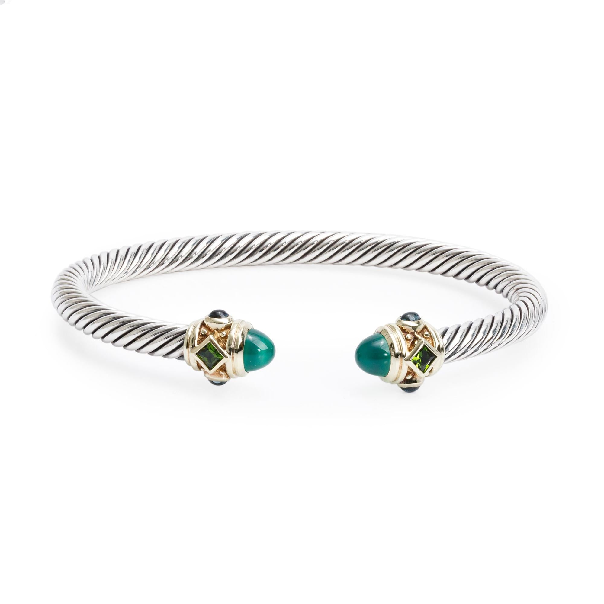 David Yurman Sterling Silver & 14k Yellow Gold Dyed Chalcedony, Topaz & Diopside Renaissance 5 MM Cable Cuff Bracelet