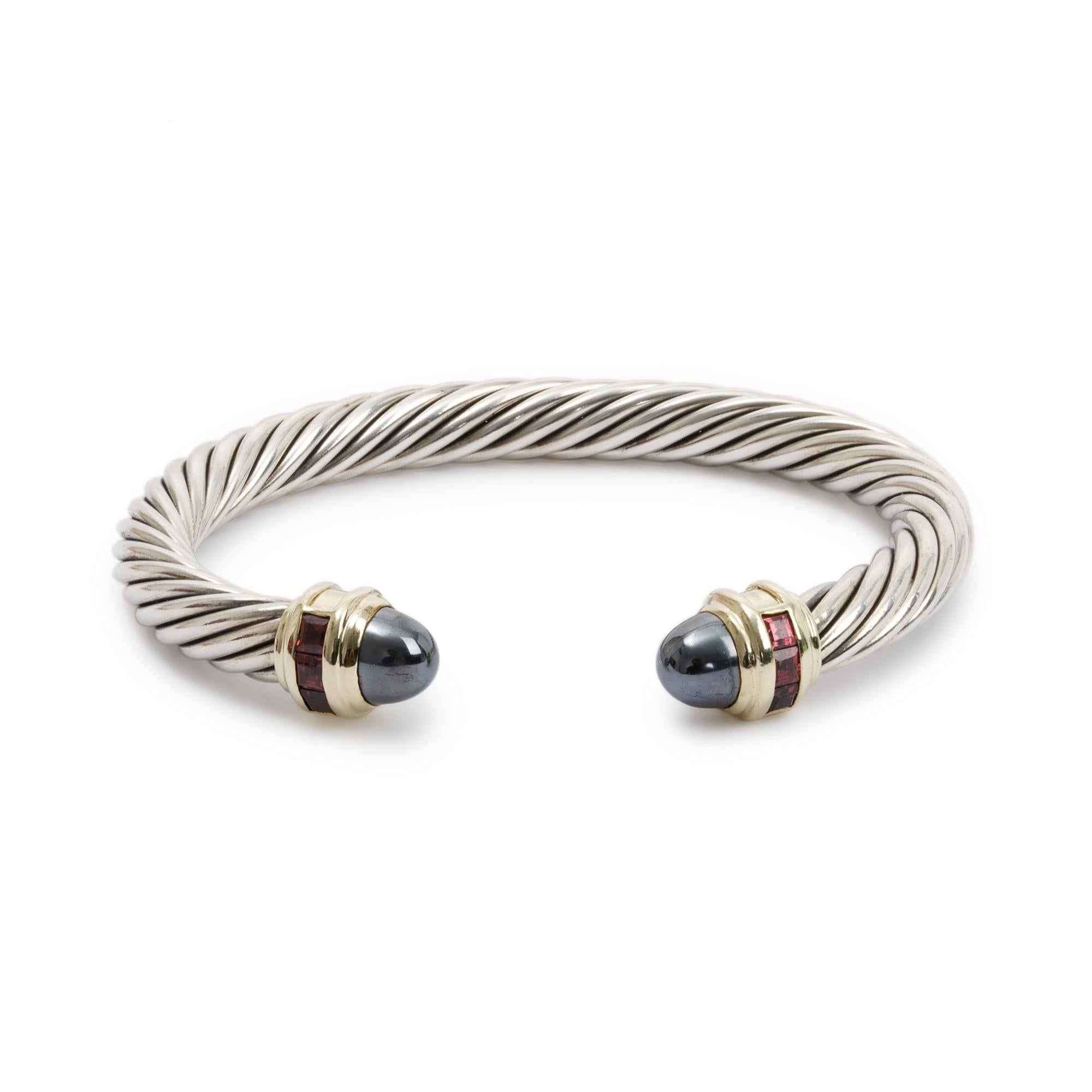 David Yurman Sterling Silver & 14k Yellow Gold Hematite & Rhodolite 7MM Cable Bracelet