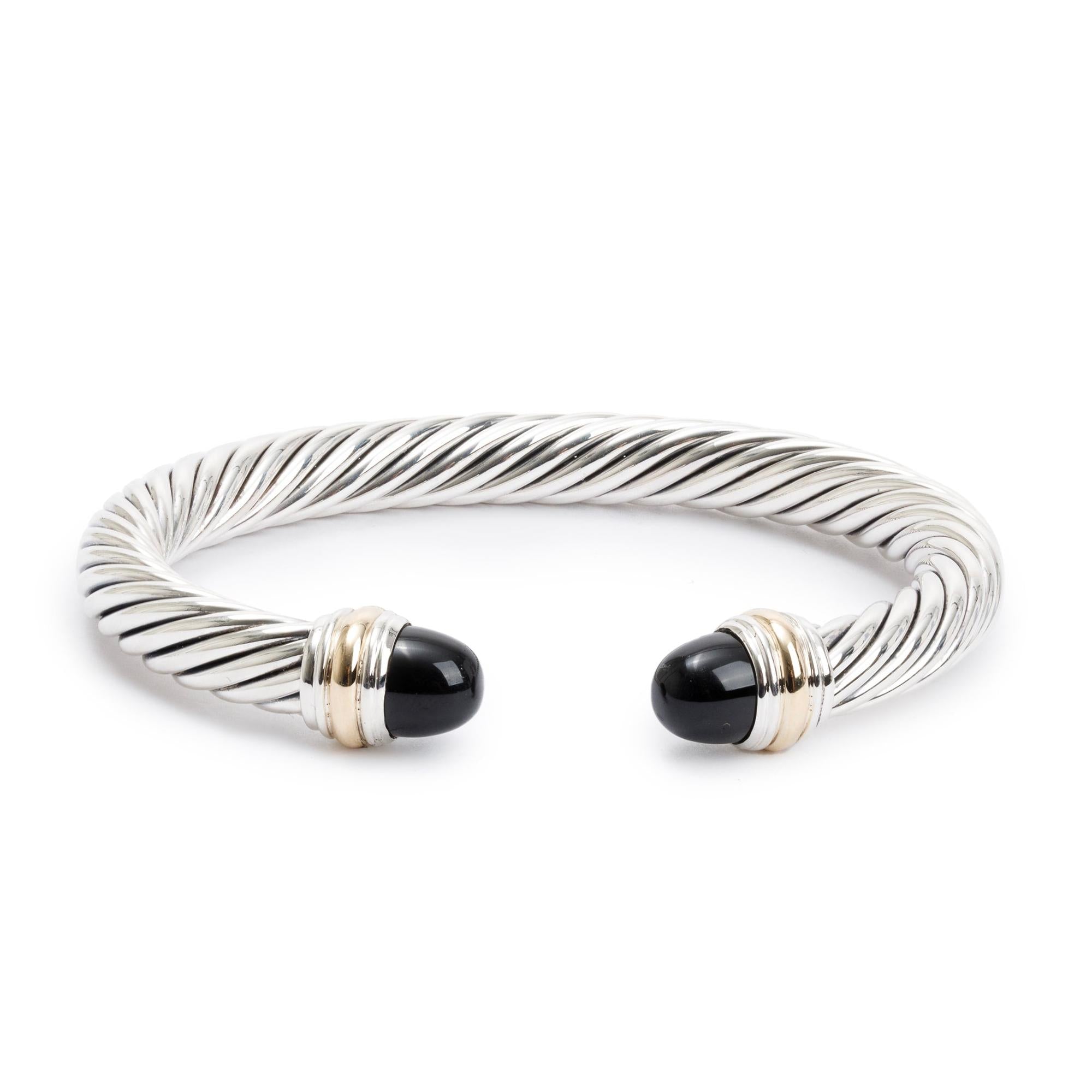 David Yurman Sterling Silver & 14k Yellow Gold Onyx 7 MM Cable Bracelet