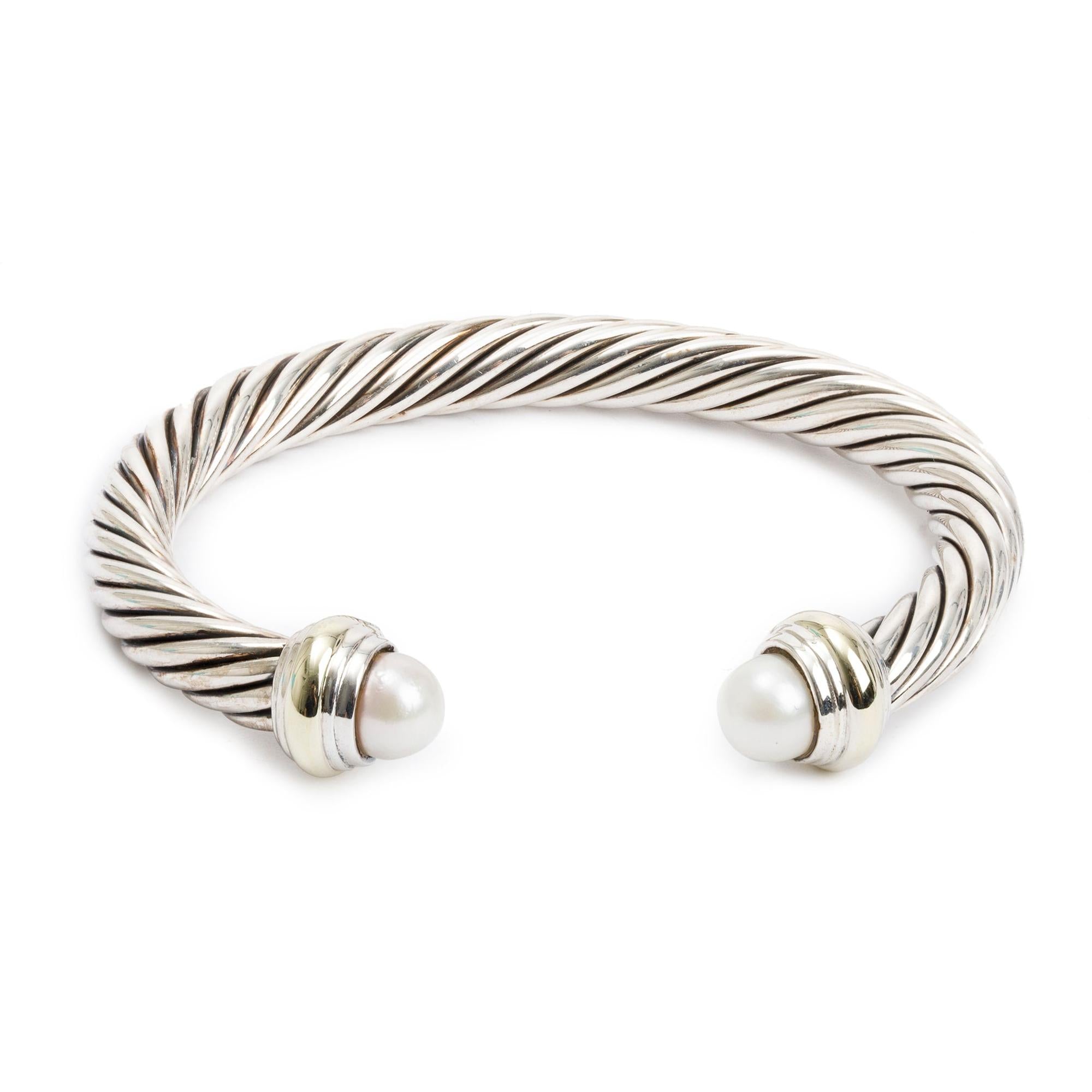 David Yurman Sterling Silver & 14k Yellow Gold Pearl 7 MM Cable Classics Bracelet