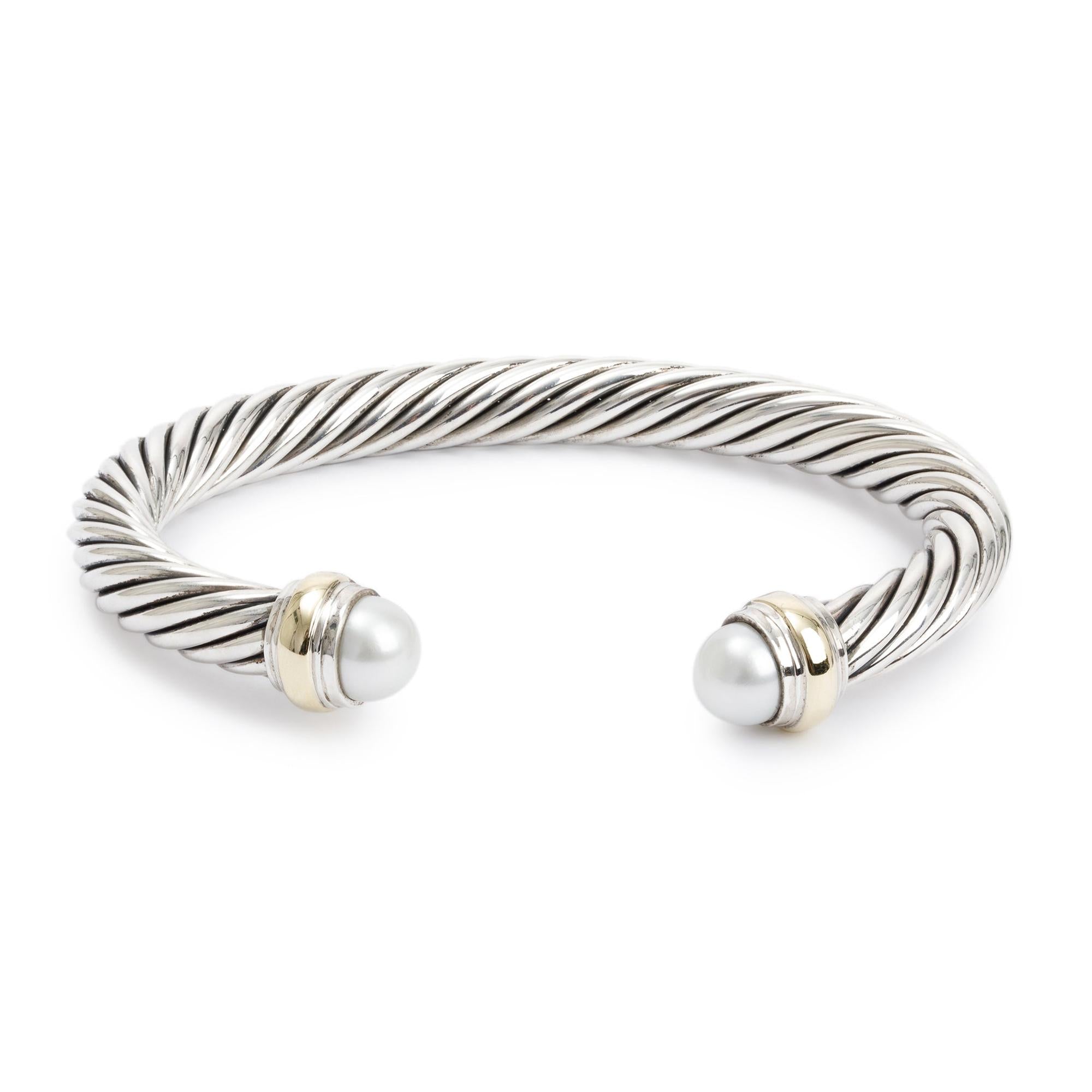 David Yurman Sterling Silver & 14k Yellow Gold Pearl 7MM Cable Classics Bracelet