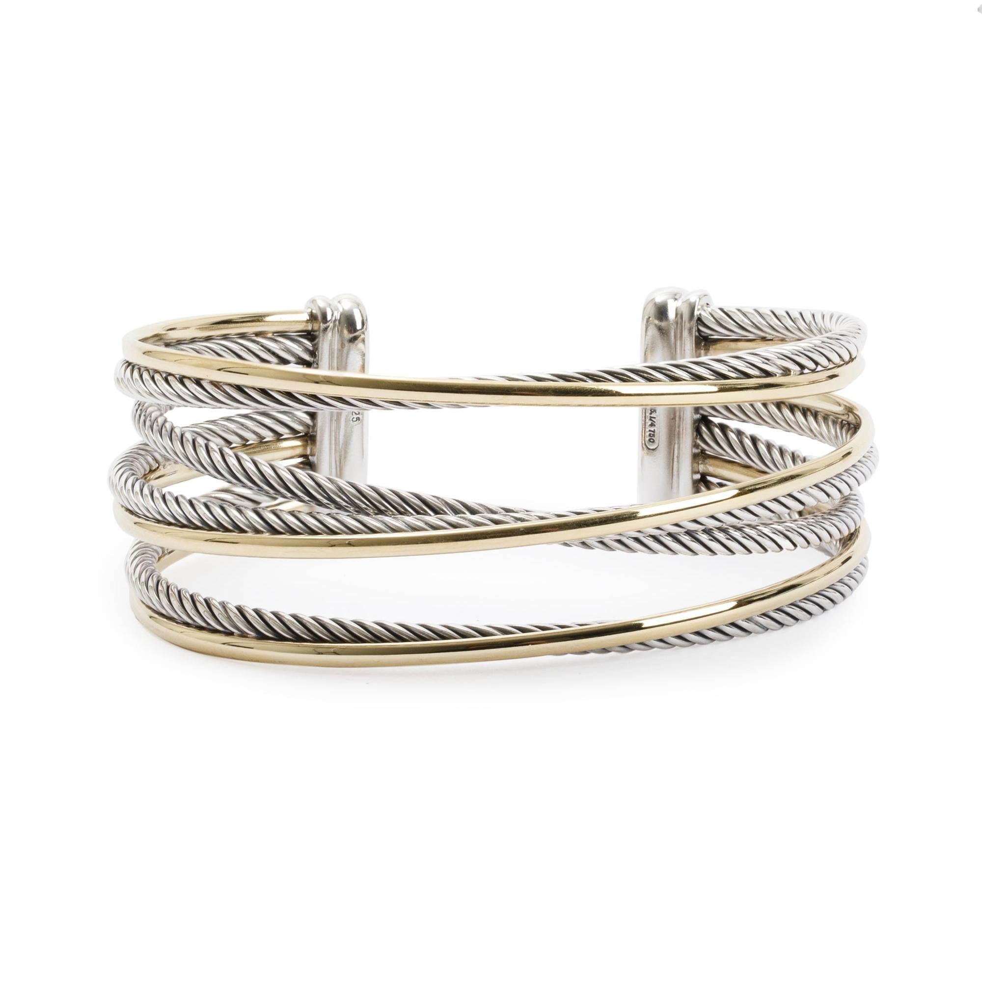 David Yurman Sterling Silver & 18k Yellow Gold 27.5 MM Crossover Cuff Bracelet w/ Box
