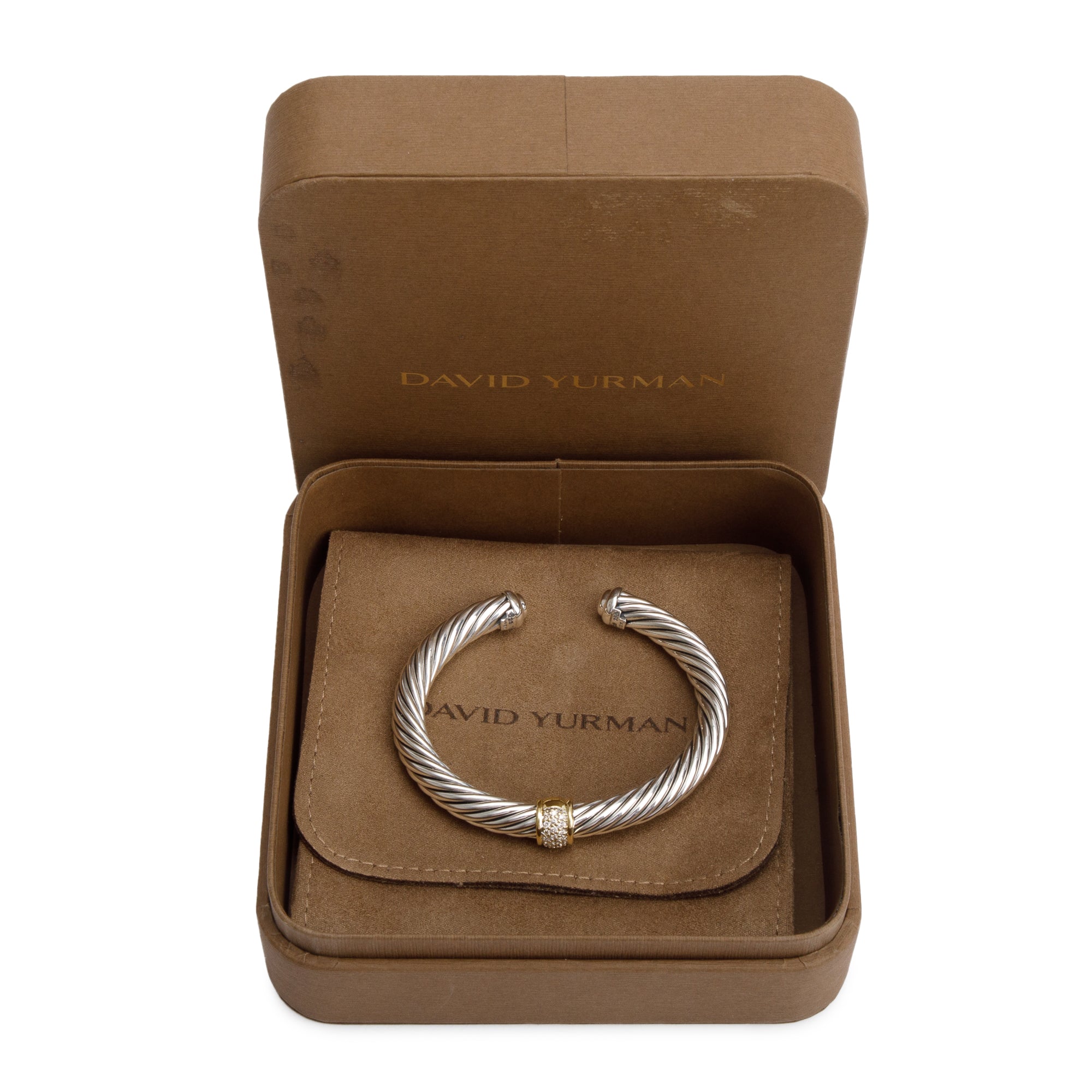 David Yurman Sterling Silver & 18k Yellow Gold 7MM Classic Cable Diamond Station Cuff Bracelet w/ Box