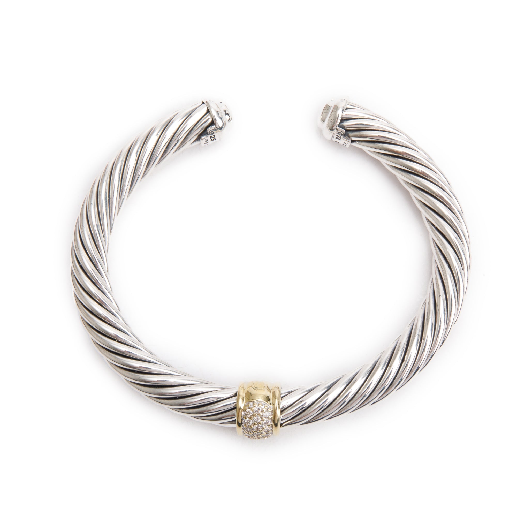 David Yurman Sterling Silver & 18k Yellow Gold 7MM Classic Cable Diamond Station Cuff Bracelet w/ Box