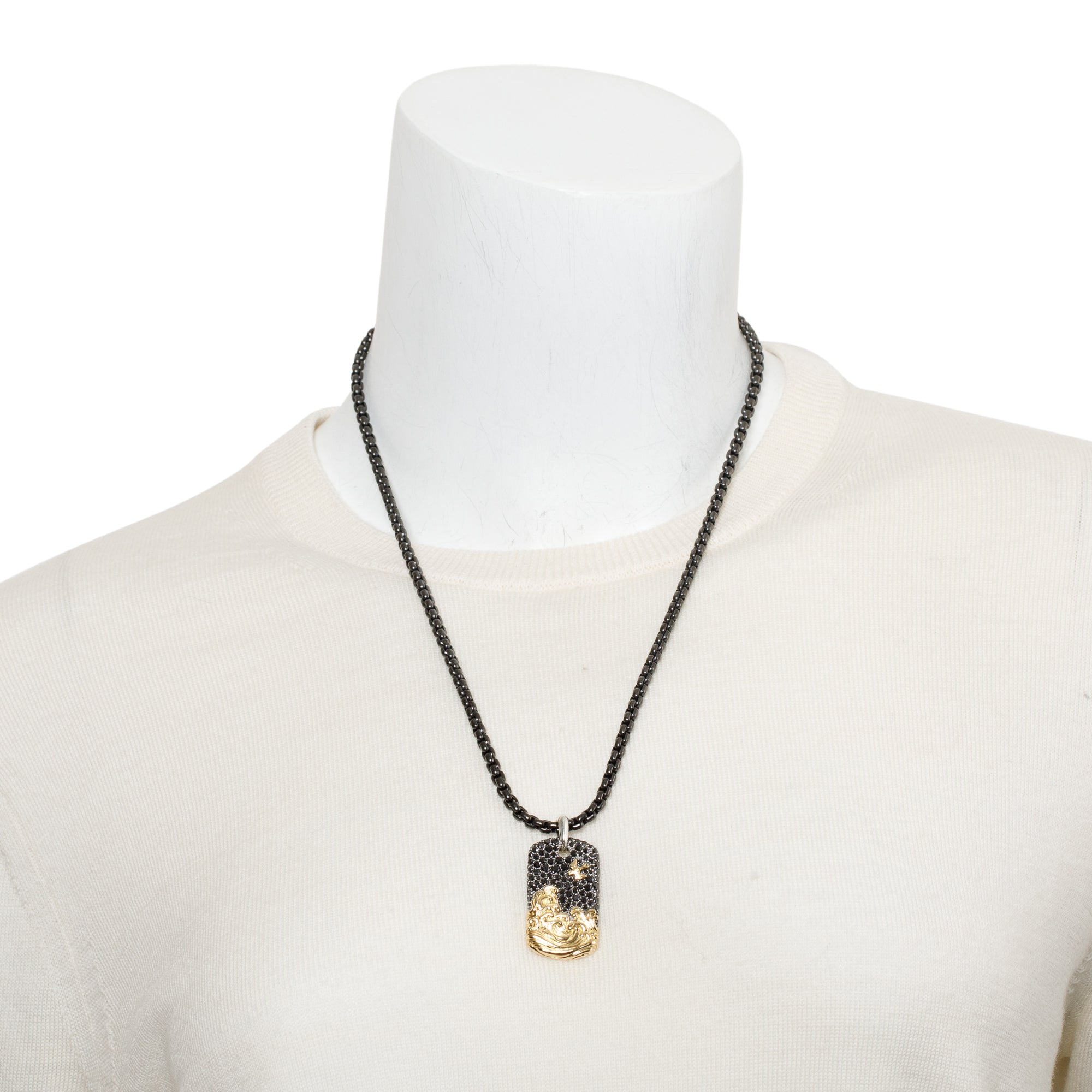 David Yurman Sterling Silver & 18k Yellow Gold Black Diamond 35 MM Tag Pendant on Darkened Stainless Steel Box Chain
