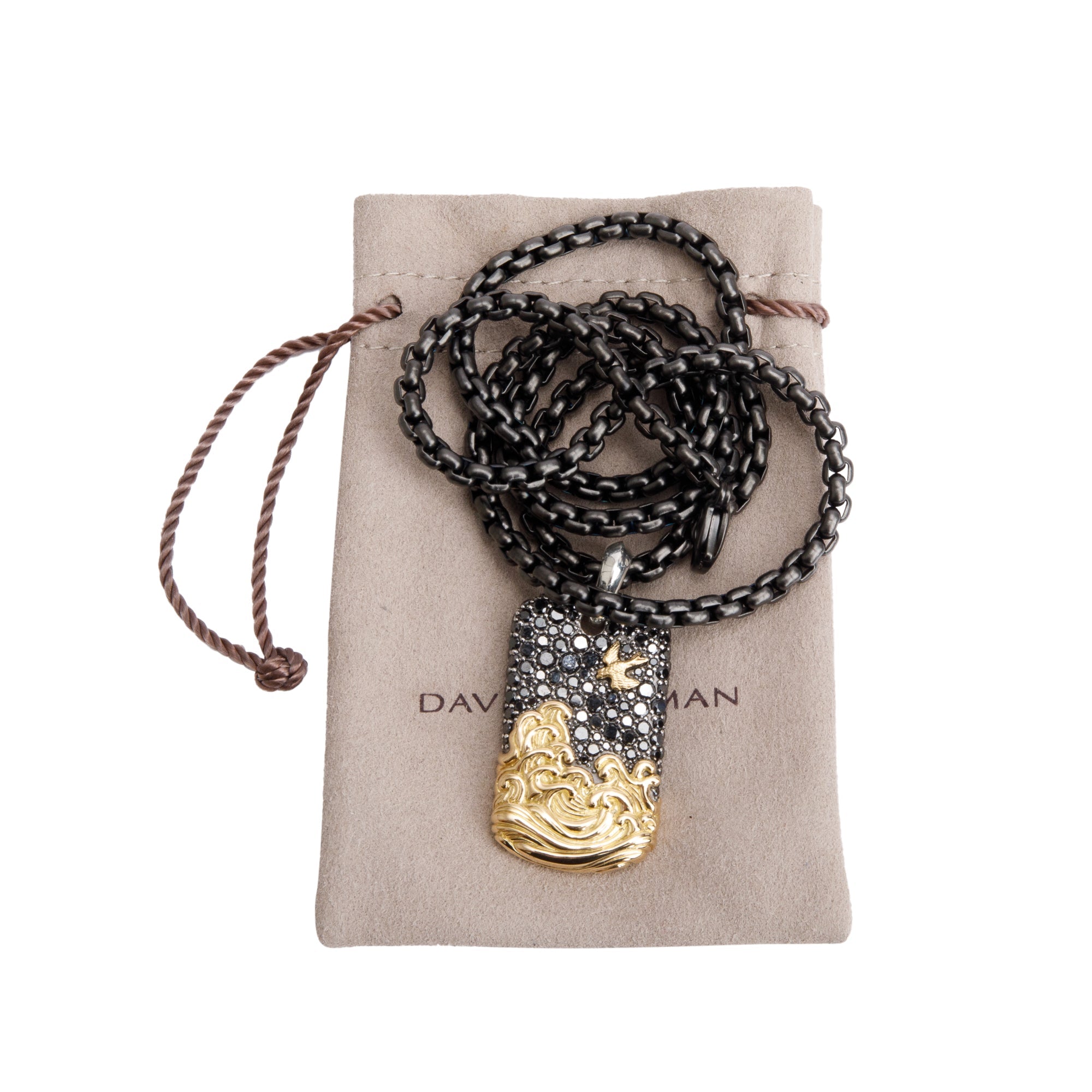 David Yurman Sterling Silver & 18k Yellow Gold Black Diamond 35 MM Tag Pendant on Darkened Stainless Steel Box Chain