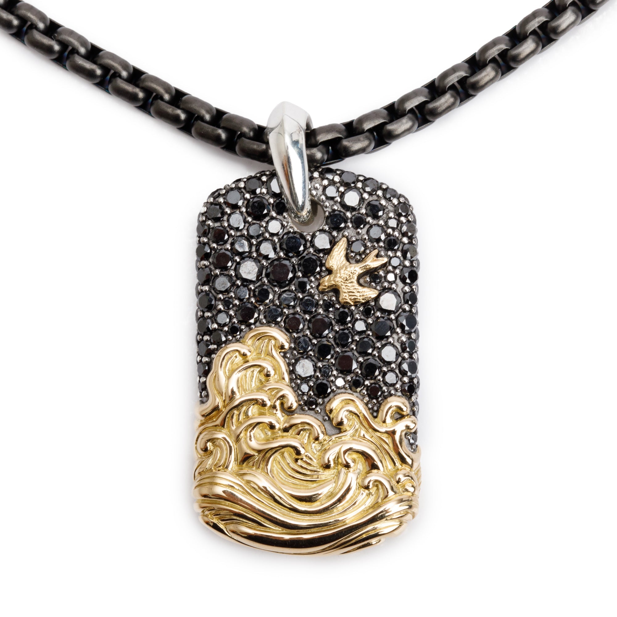David Yurman Sterling Silver & 18k Yellow Gold Black Diamond 35 MM Tag Pendant on Darkened Stainless Steel Box Chain