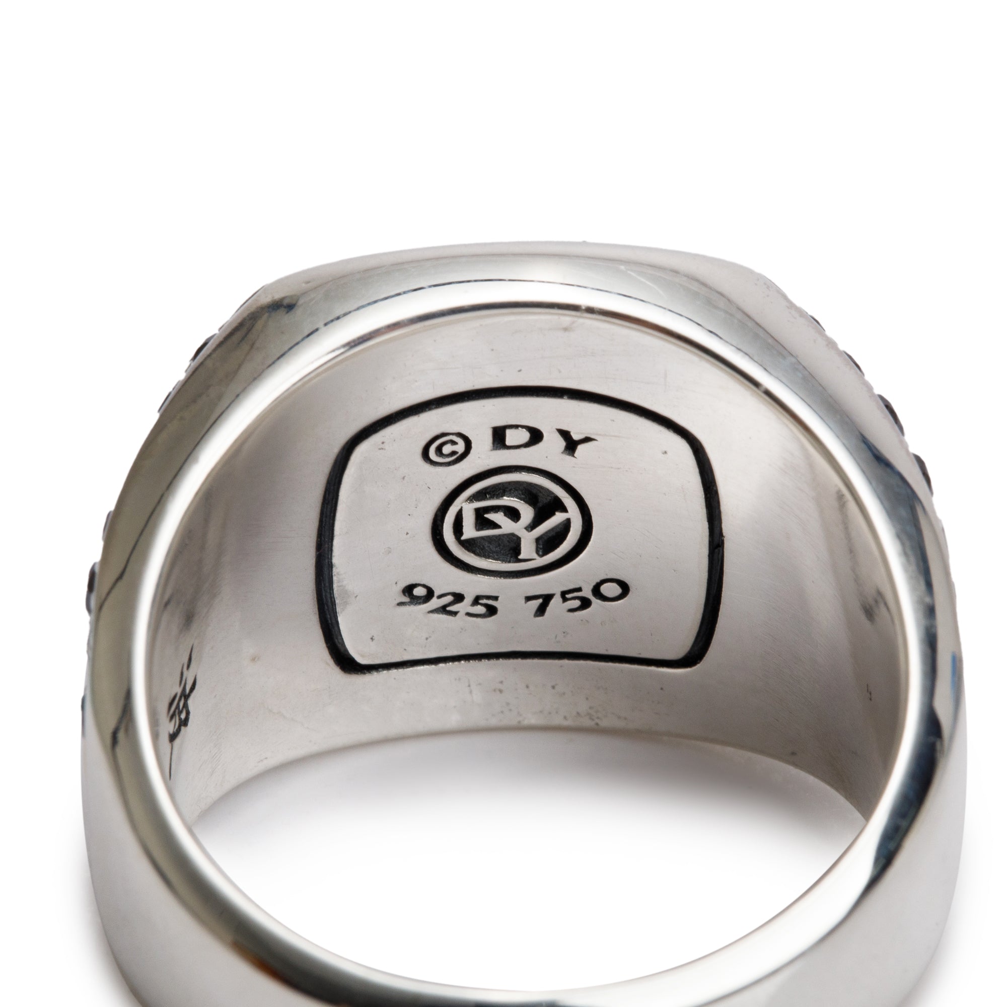 David Yurman Sterling Silver & 18k Yellow Gold Black Diamond Waves Signet Ring, Size 12.5 w/ Box