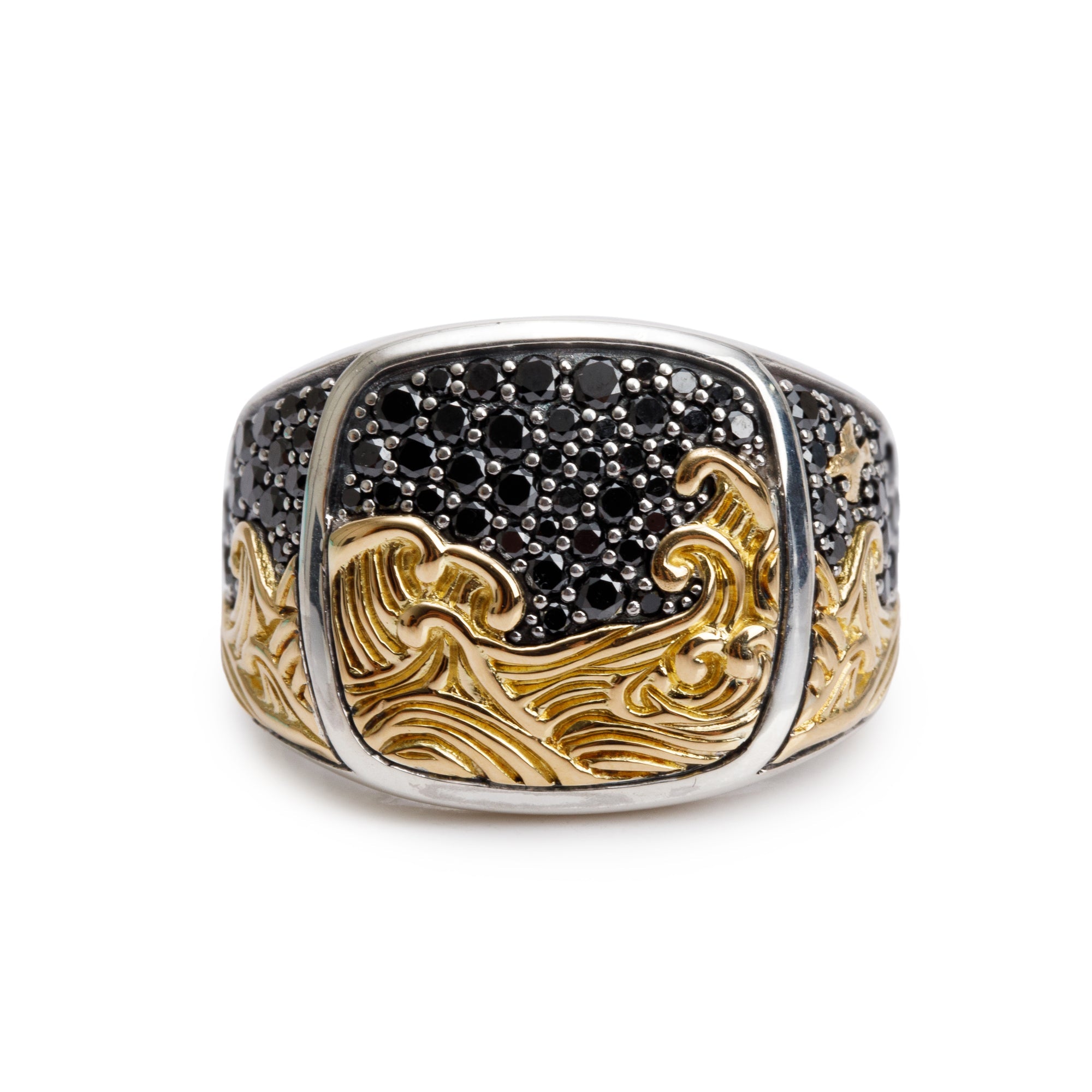David Yurman Sterling Silver & 18k Yellow Gold Black Diamond Waves Signet Ring, Size 12.5 w/ Box