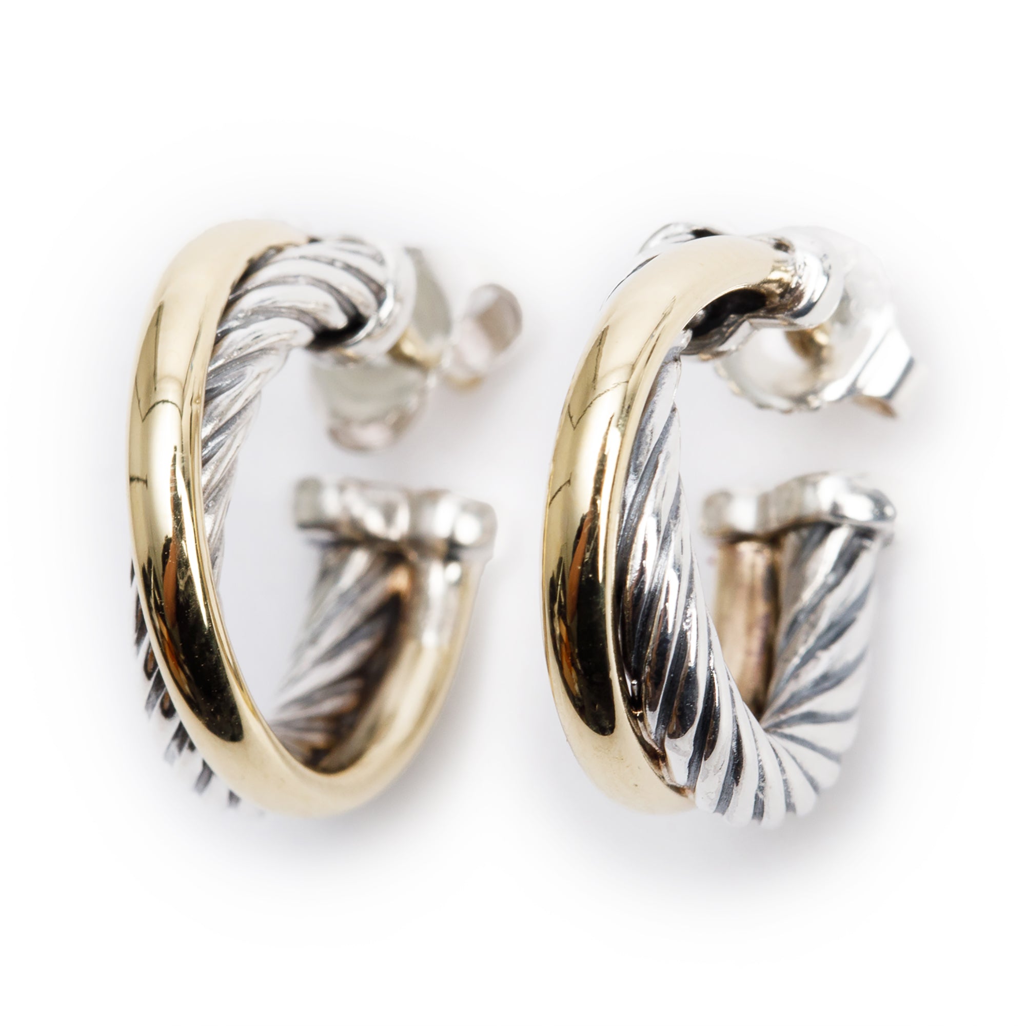 David Yurman Sterling Silver & 18k Yellow Gold Cable Crossover Hoop Earrings