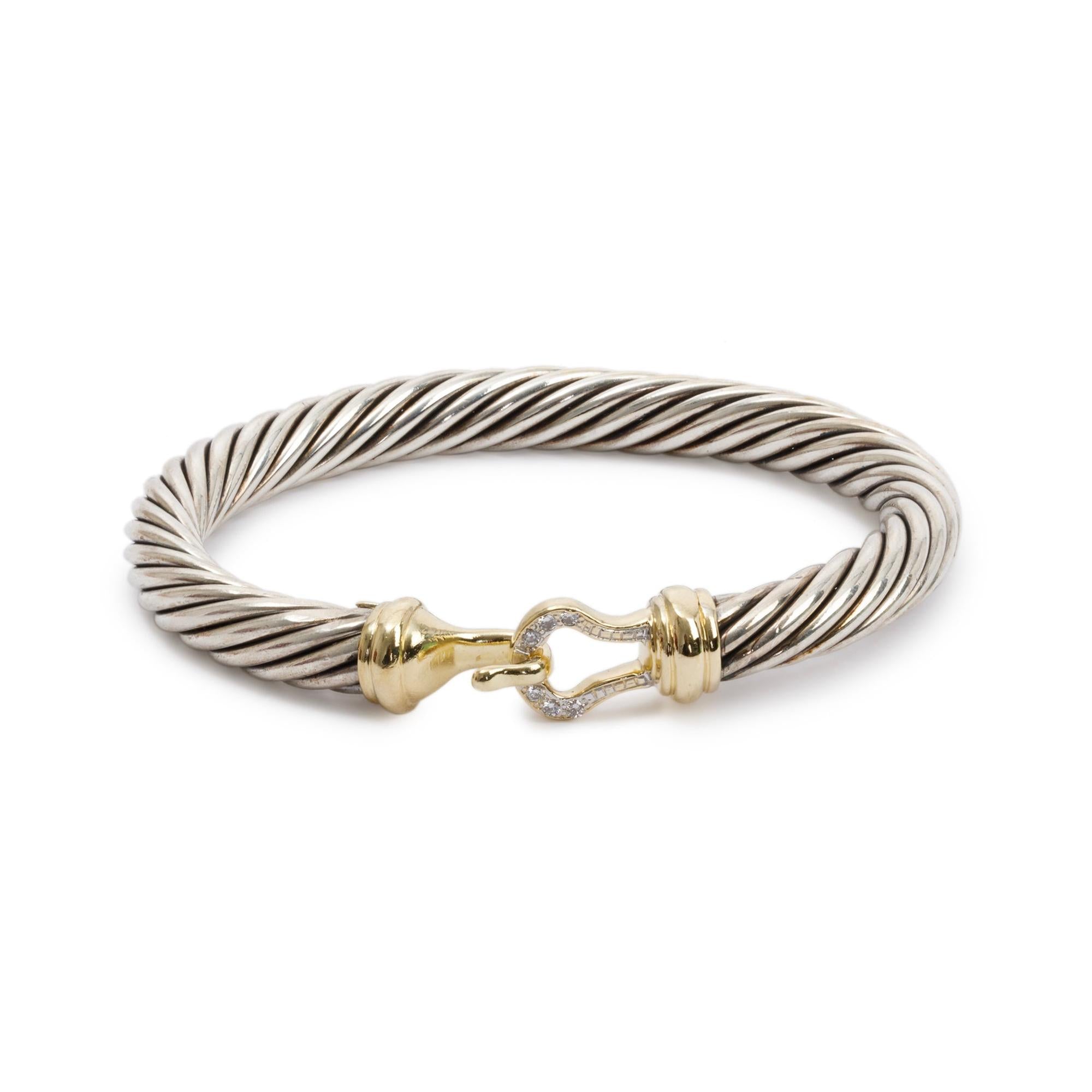 David Yurman Sterling Silver & 18k Yellow Gold Diamond 7MM Cable Buckle Bracelet