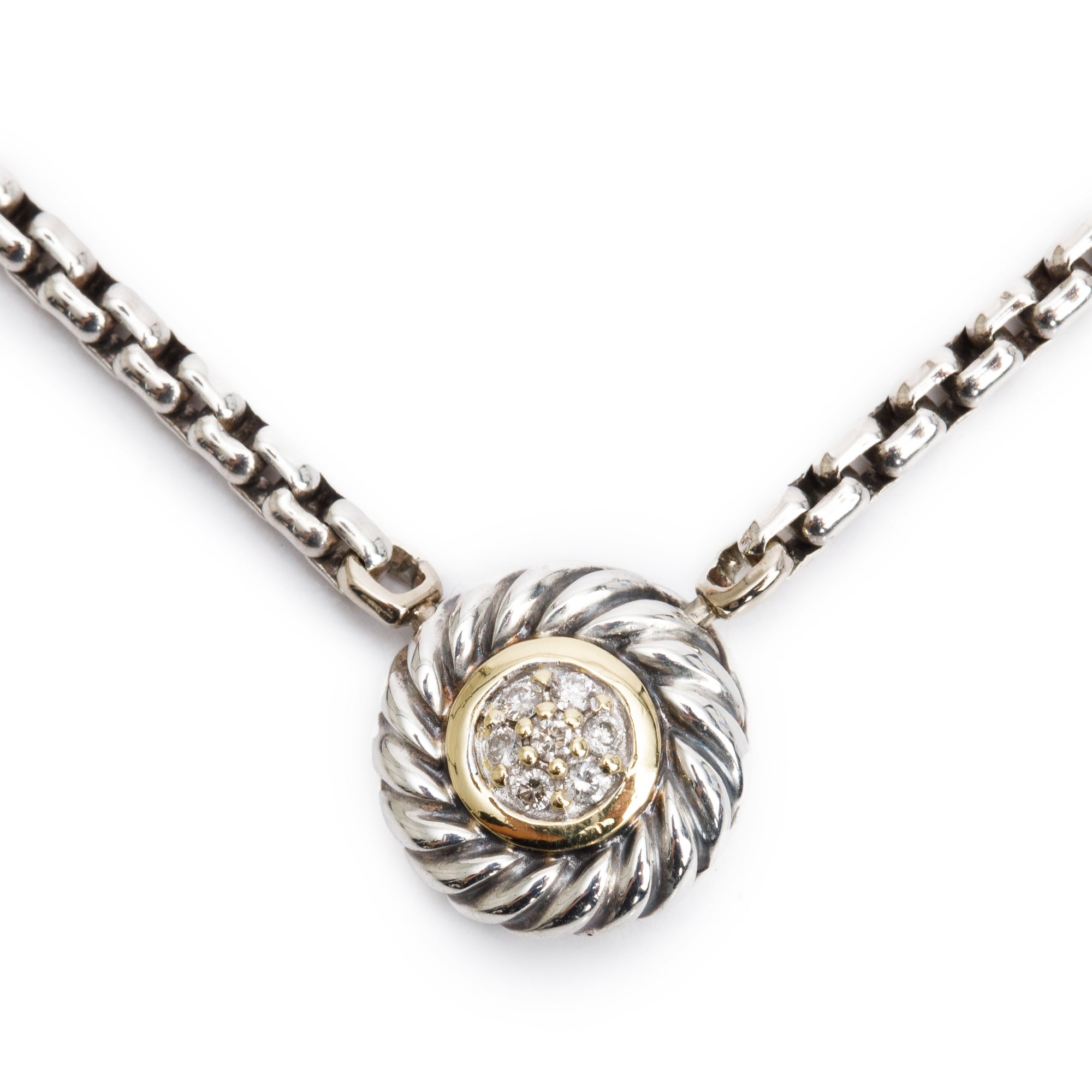 David Yurman Sterling Silver & 18k Yellow Gold Diamond Cookie Pendant Necklace w/ Box