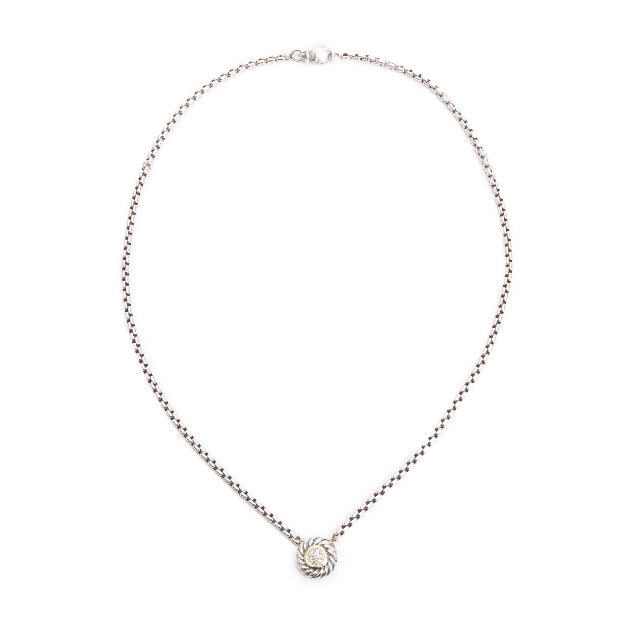 David Yurman Sterling Silver & 18k Yellow Gold Diamond Cookie Pendant Necklace w/ Box