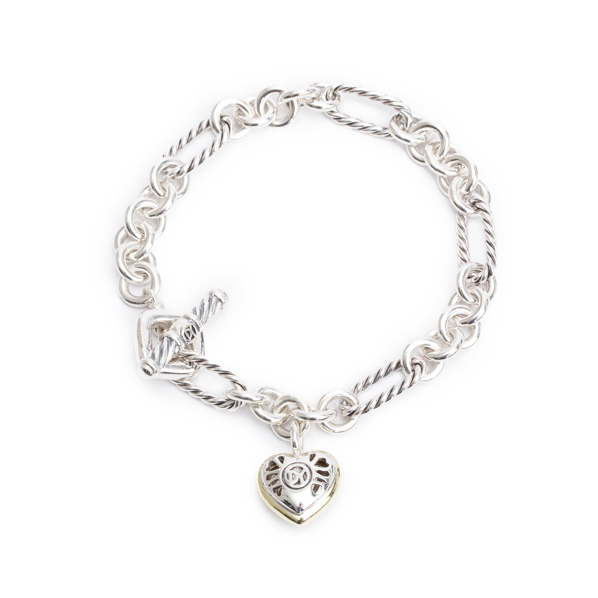 David Yurman Sterling Silver & 18k Yellow Gold Figaro Link Cable Heart Charm Bracelet