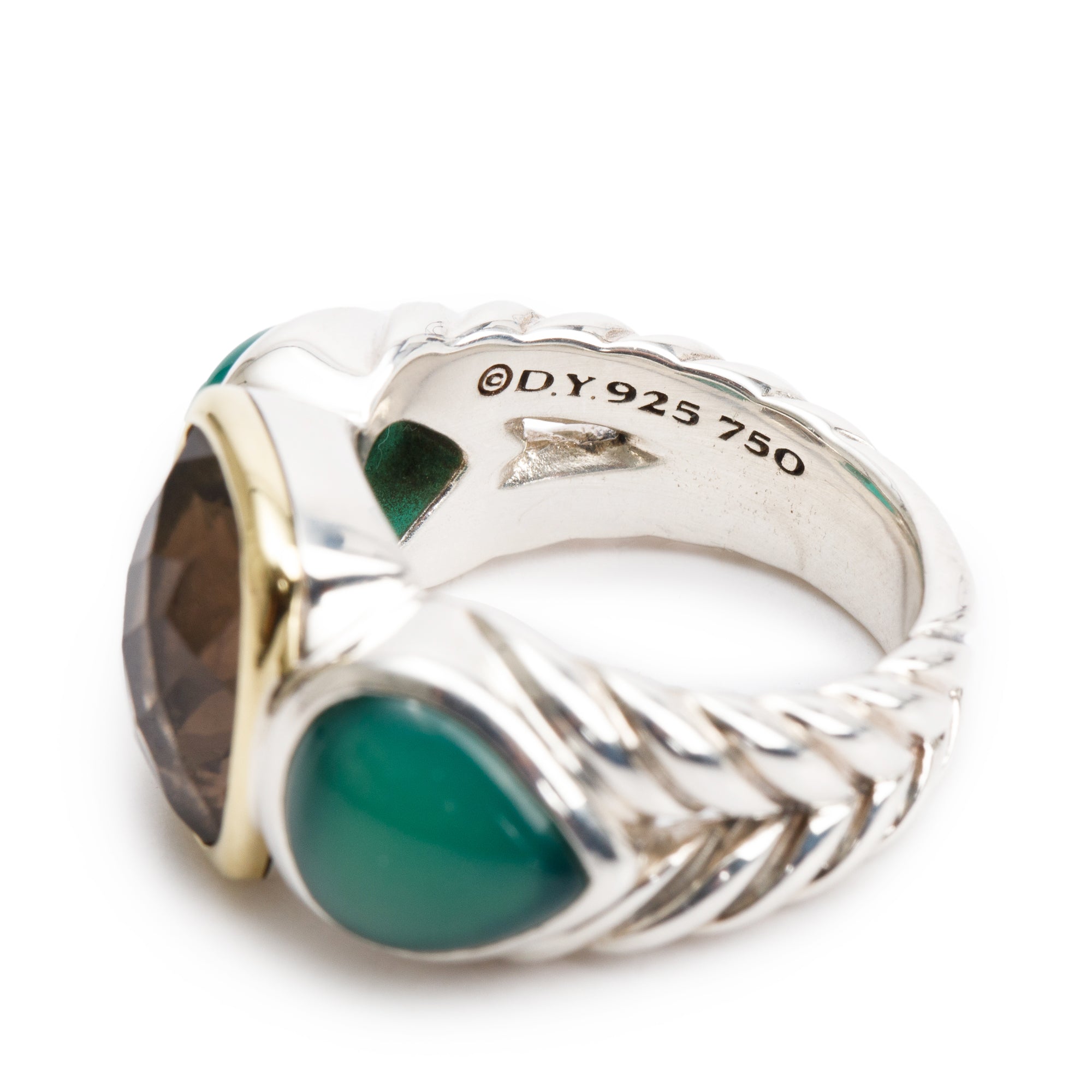 David Yurman Sterling Silver & 18k Yellow Gold Green Onyx & Smoky Quartz Three Stone Ring, Size 6