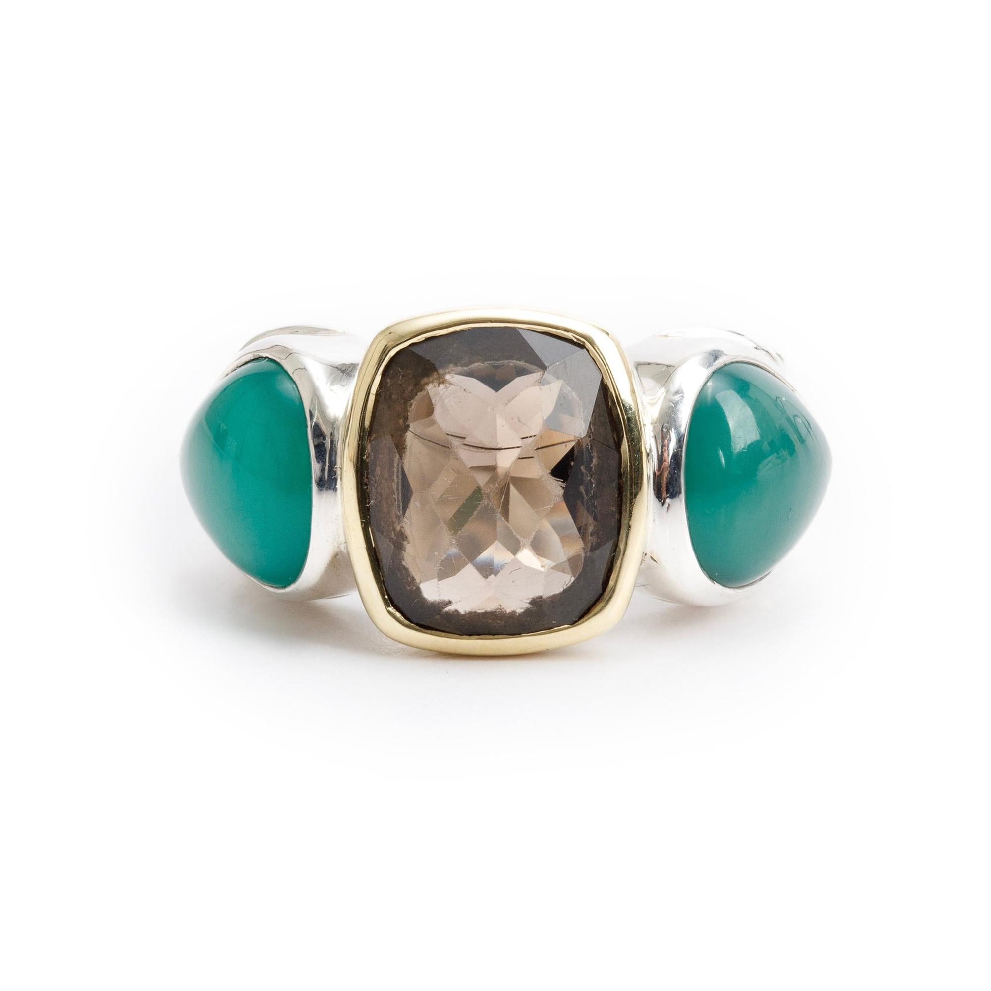 David Yurman Sterling Silver & 18k Yellow Gold Green Onyx & Smoky Quartz Three Stone Ring, Size 6