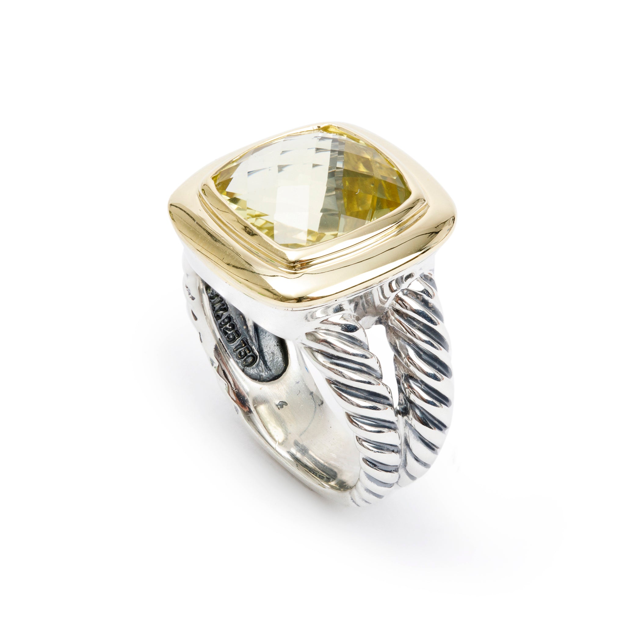 David Yurman Sterling Silver & 18k Yellow Gold Lemon Quartz Albion Ring, Size 6