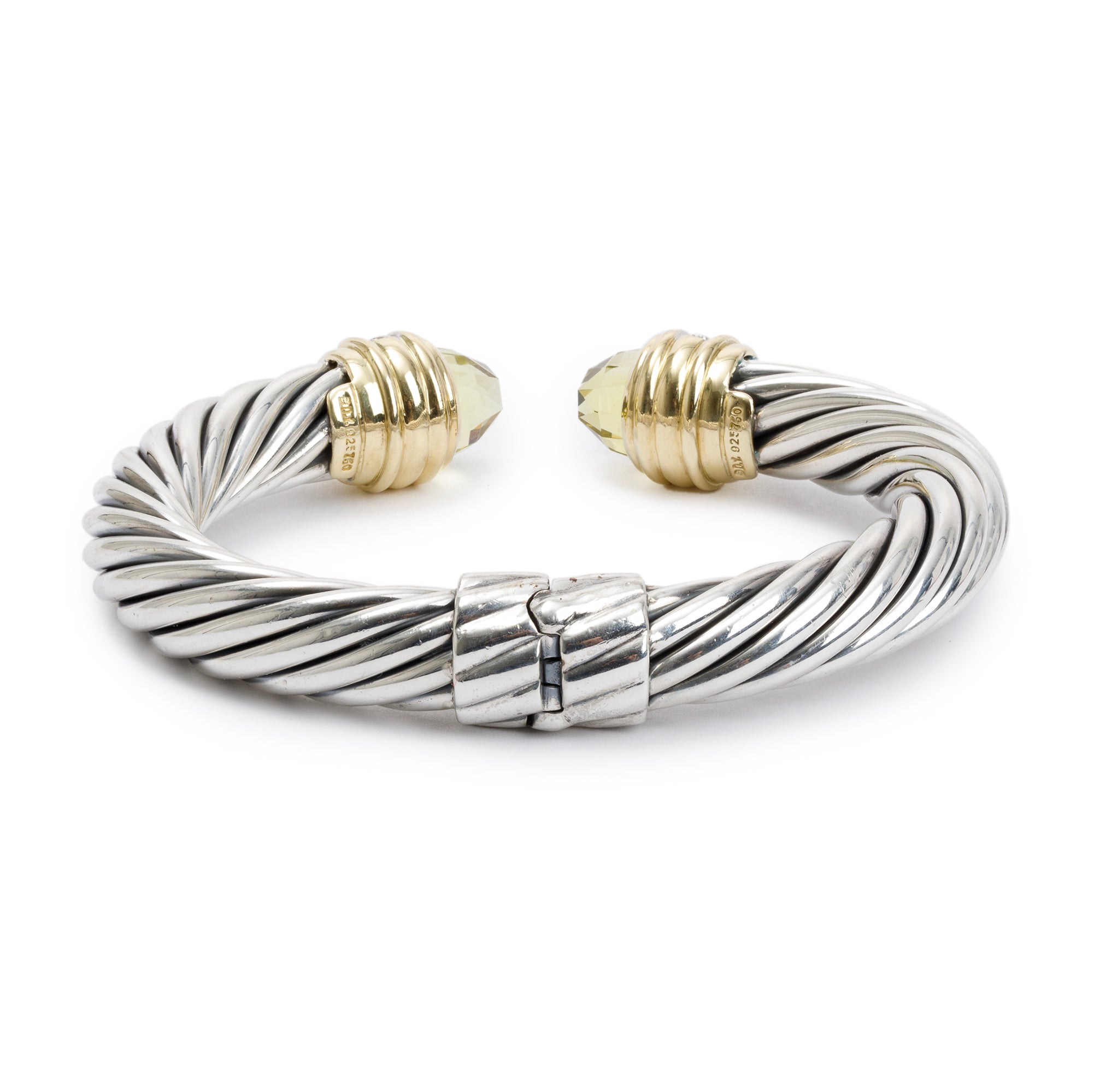 David Yurman Sterling Silver & 18k Yellow Gold Lemon Quartz & Diamond 10 MM Cable Hinged Bracelet