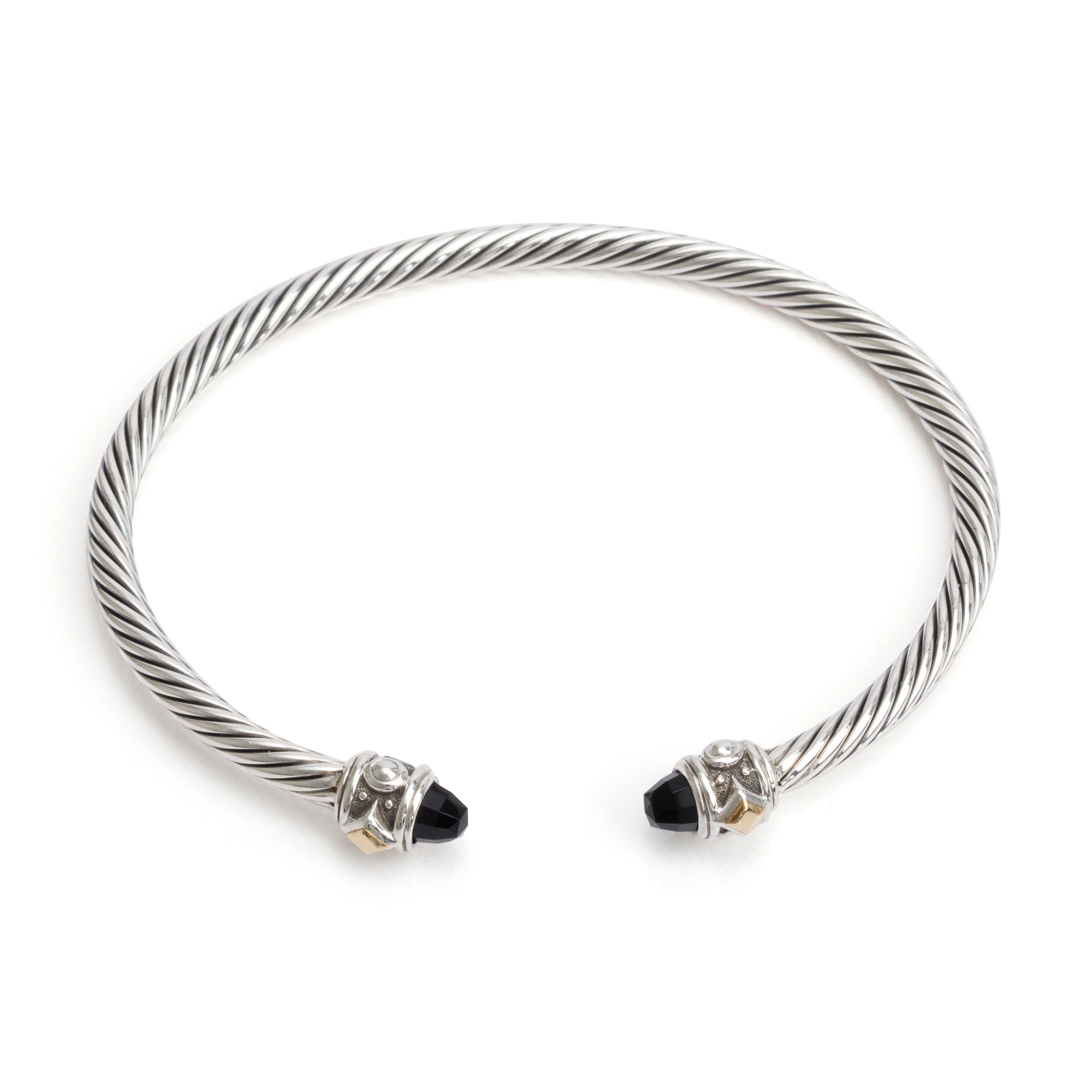 David Yurman Sterling Silver & 18k Yellow Gold Onyx Renaissance 3.5 MM Cable Cuff Bracelet
