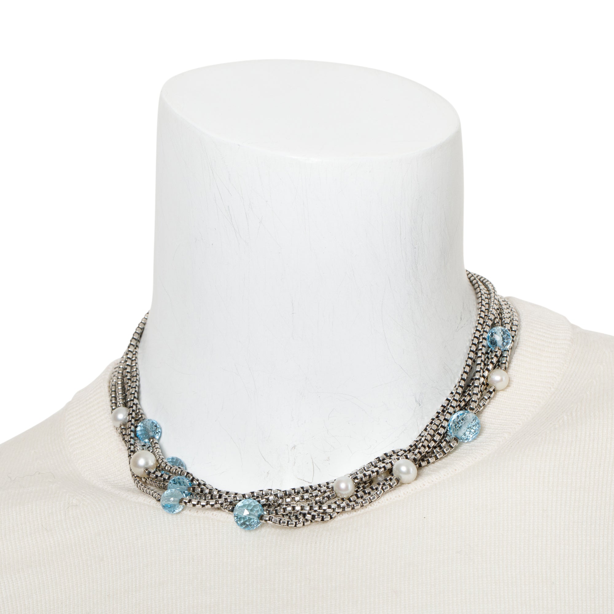 David Yurman Sterling Silver & 18k Yellow Gold Pearl & Blue Topaz Multistrand Necklace