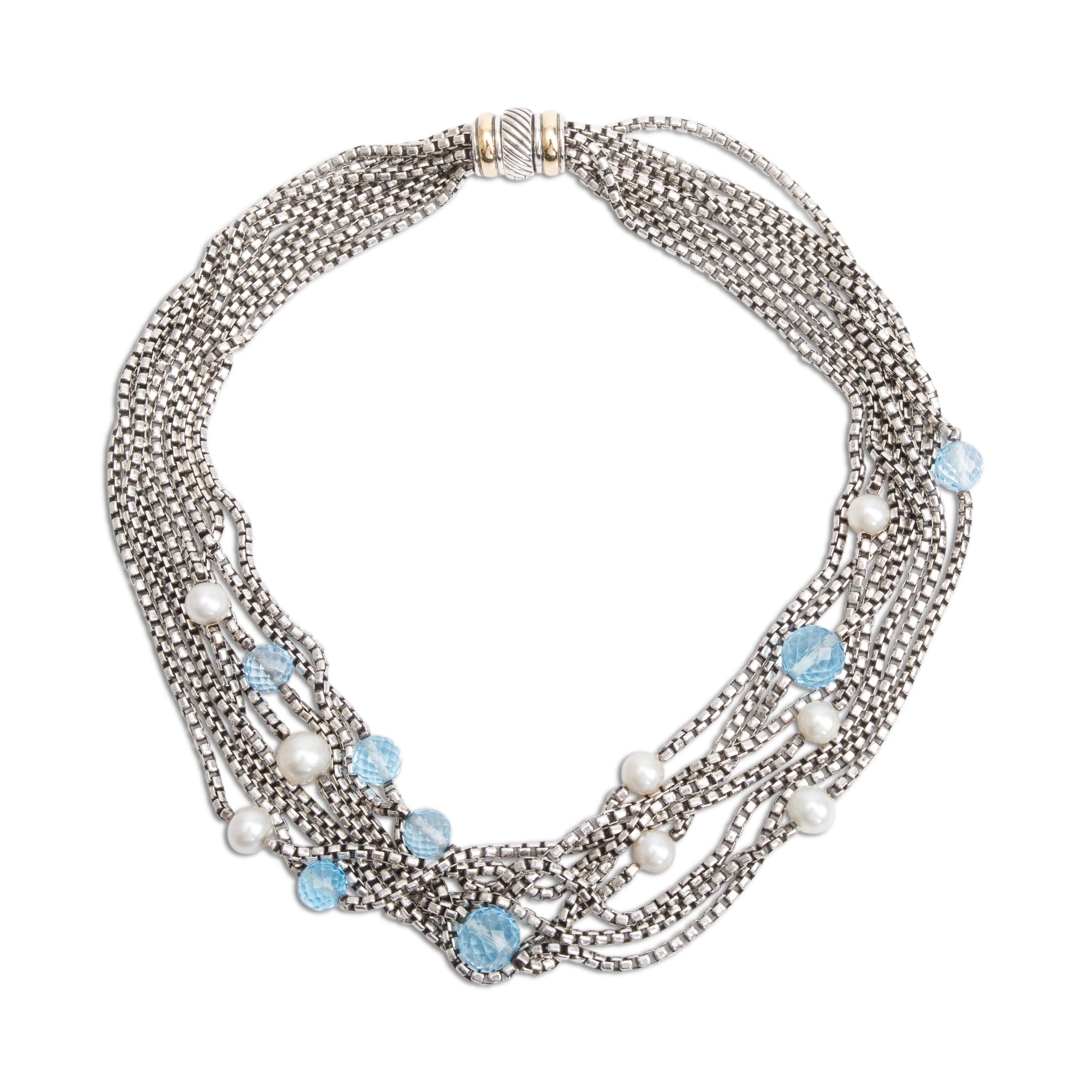 David Yurman Sterling Silver & 18k Yellow Gold Pearl & Blue Topaz Multistrand Necklace