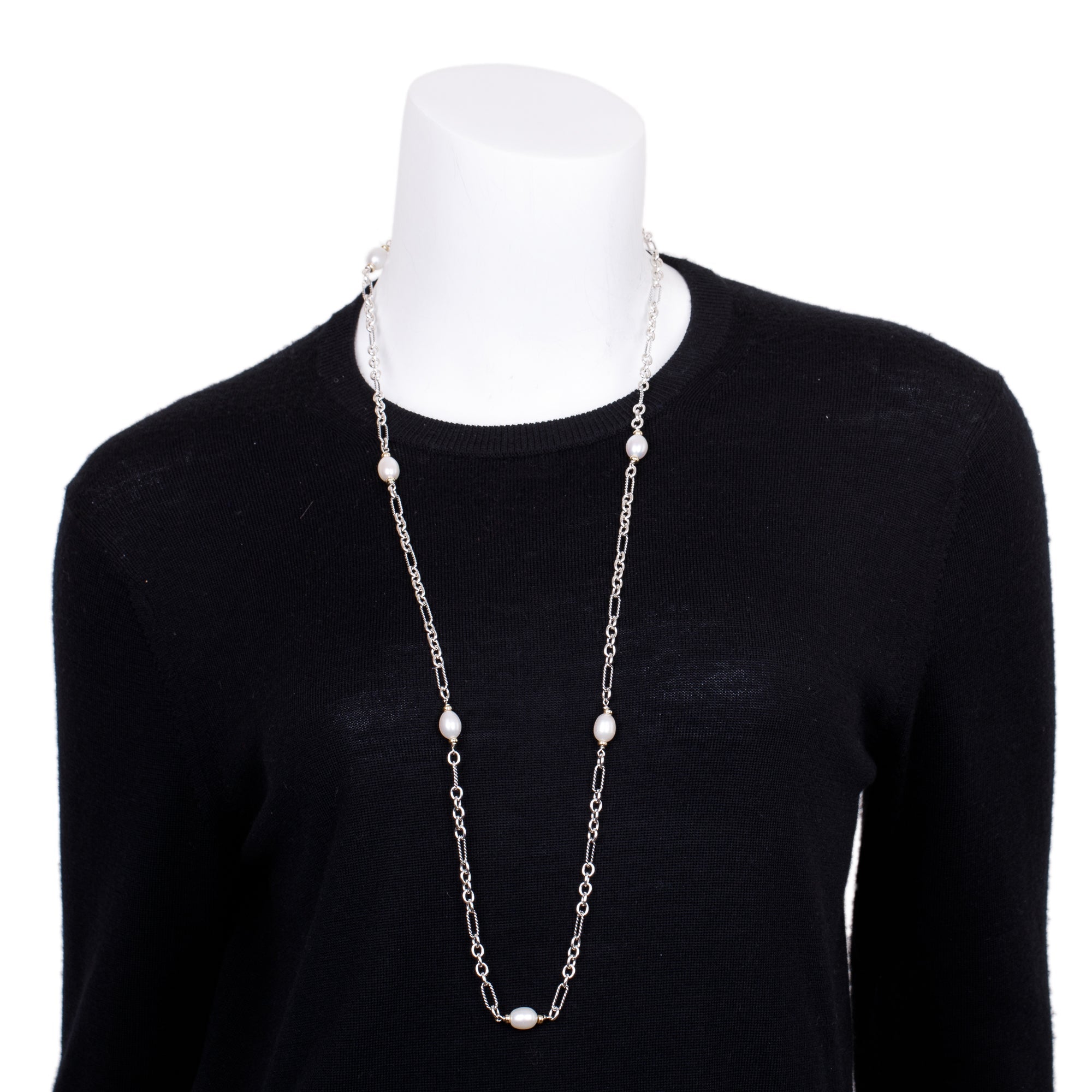 David Yurman Sterling Silver & 18k Yellow Gold Pearl Figaro Cable Chain Station Necklace