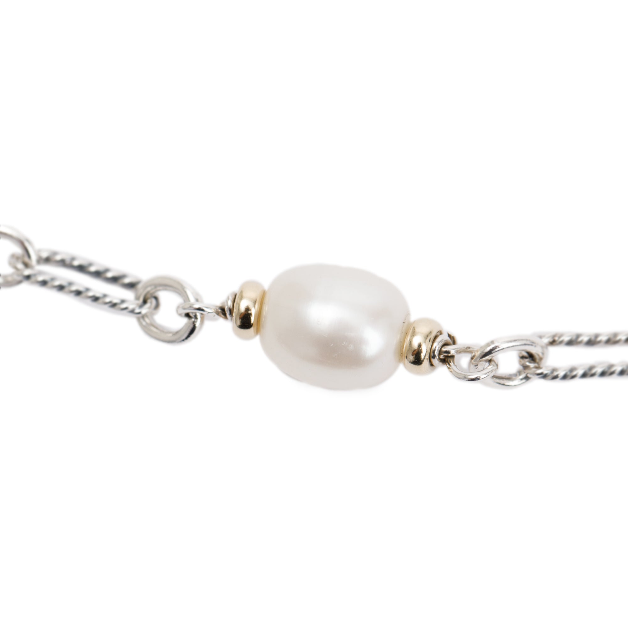 David Yurman Sterling Silver & 18k Yellow Gold Pearl Figaro Cable Chain Station Necklace