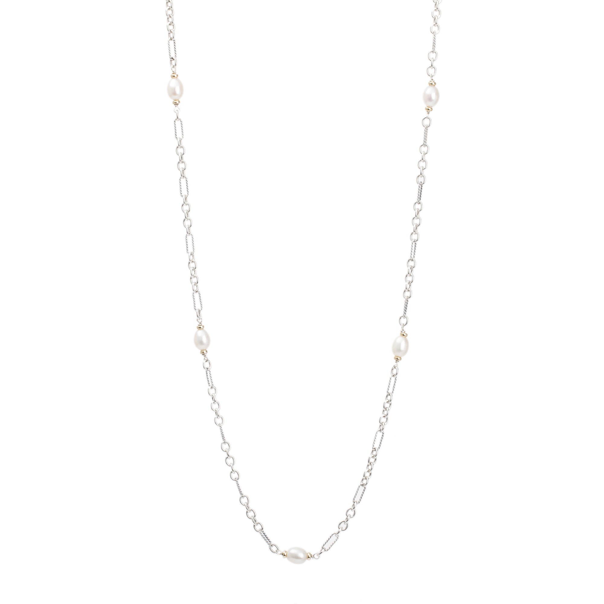 David Yurman Sterling Silver & 18k Yellow Gold Pearl Figaro Cable Chain Station Necklace
