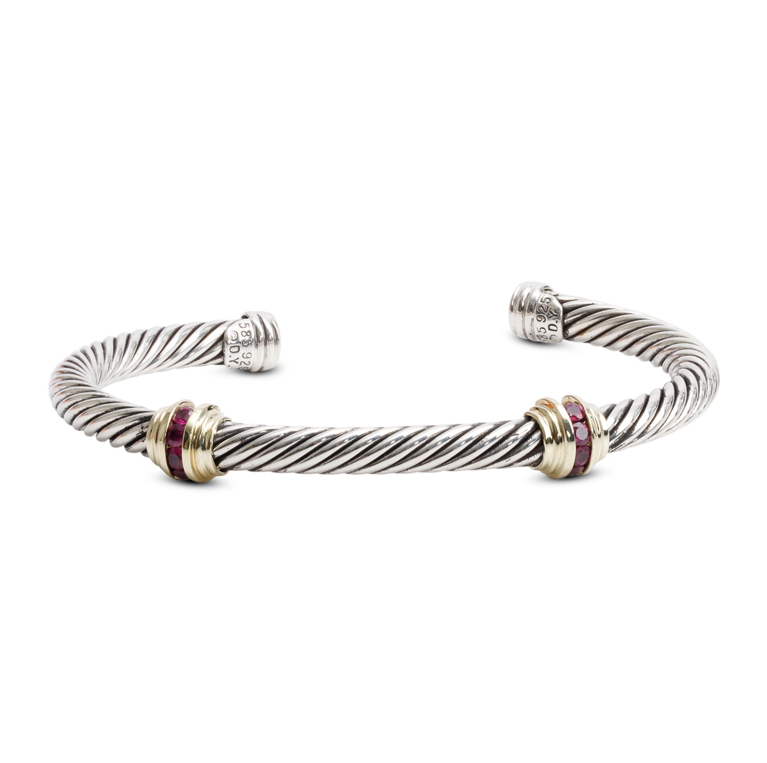 David Yurman Sterling Silver & 18k Yellow Gold Ruby Double Station 5 MM Cable Cuff Bracelet