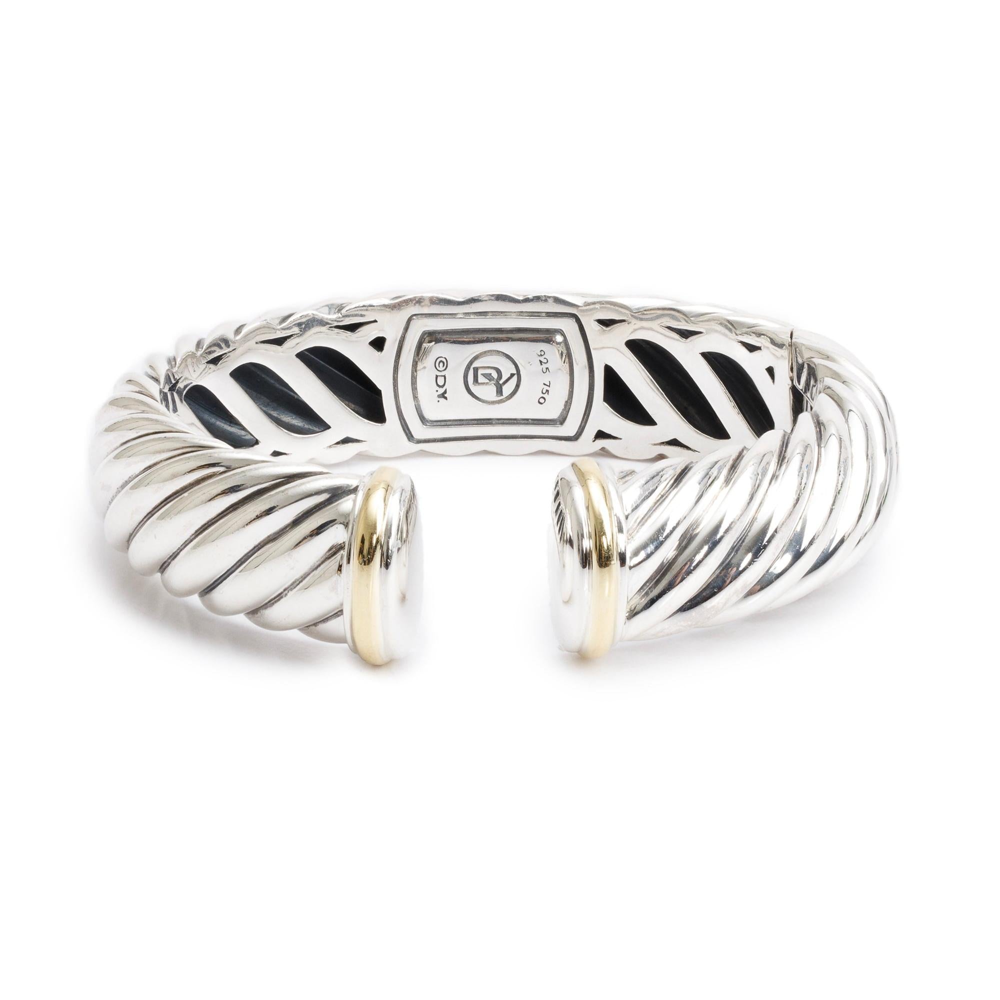 David Yurman Sterling Silver & 18k Yellow Gold Sculpted 15 MM Cable Hinged Cuff Bracelet