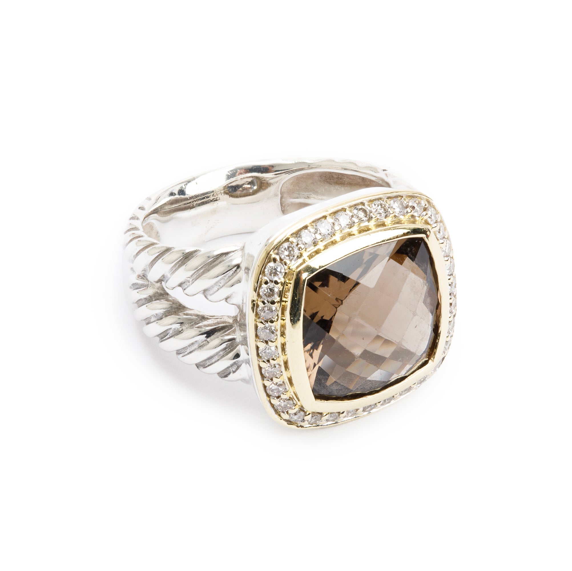 David Yurman Sterling Silver & 18k Yellow Gold Smoky Quartz & Diamond Albion Ring, Size 5