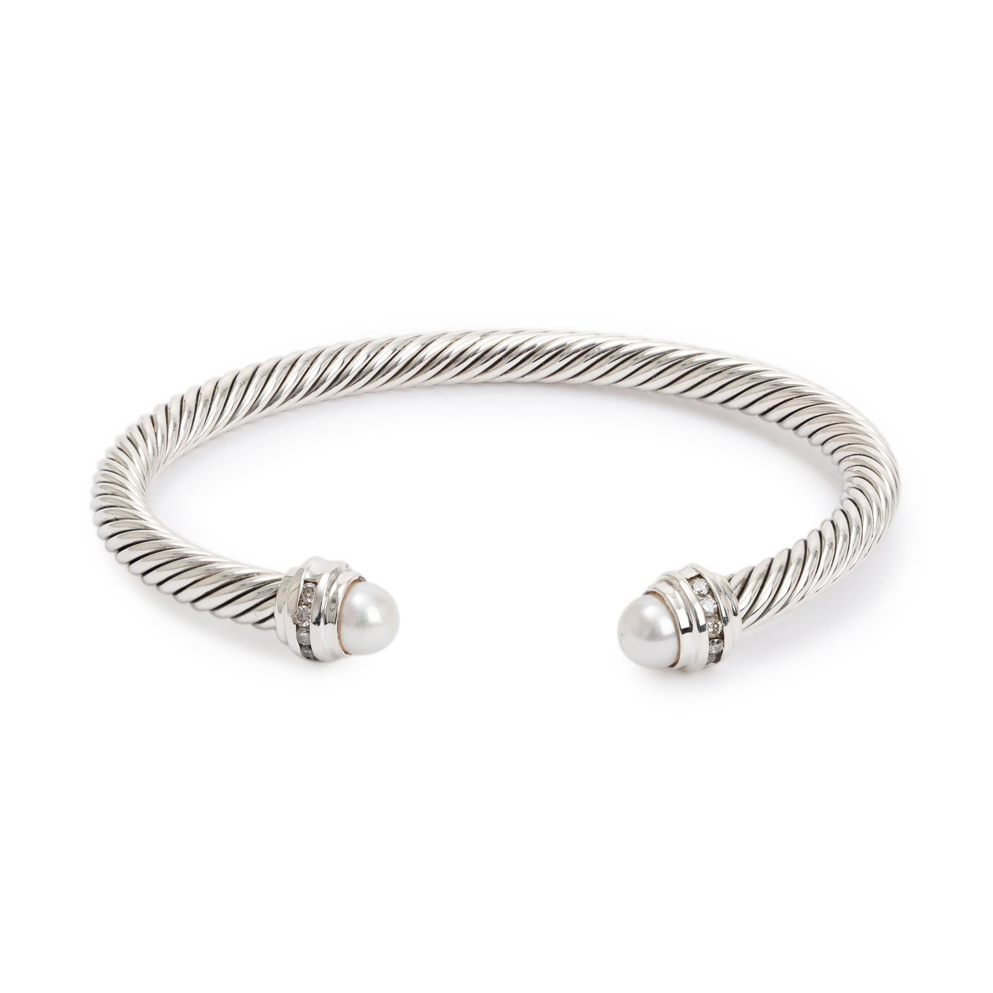 David Yurman Sterling Silver 5 MM Cable Classics Bracelet with Pearls & Diamonds