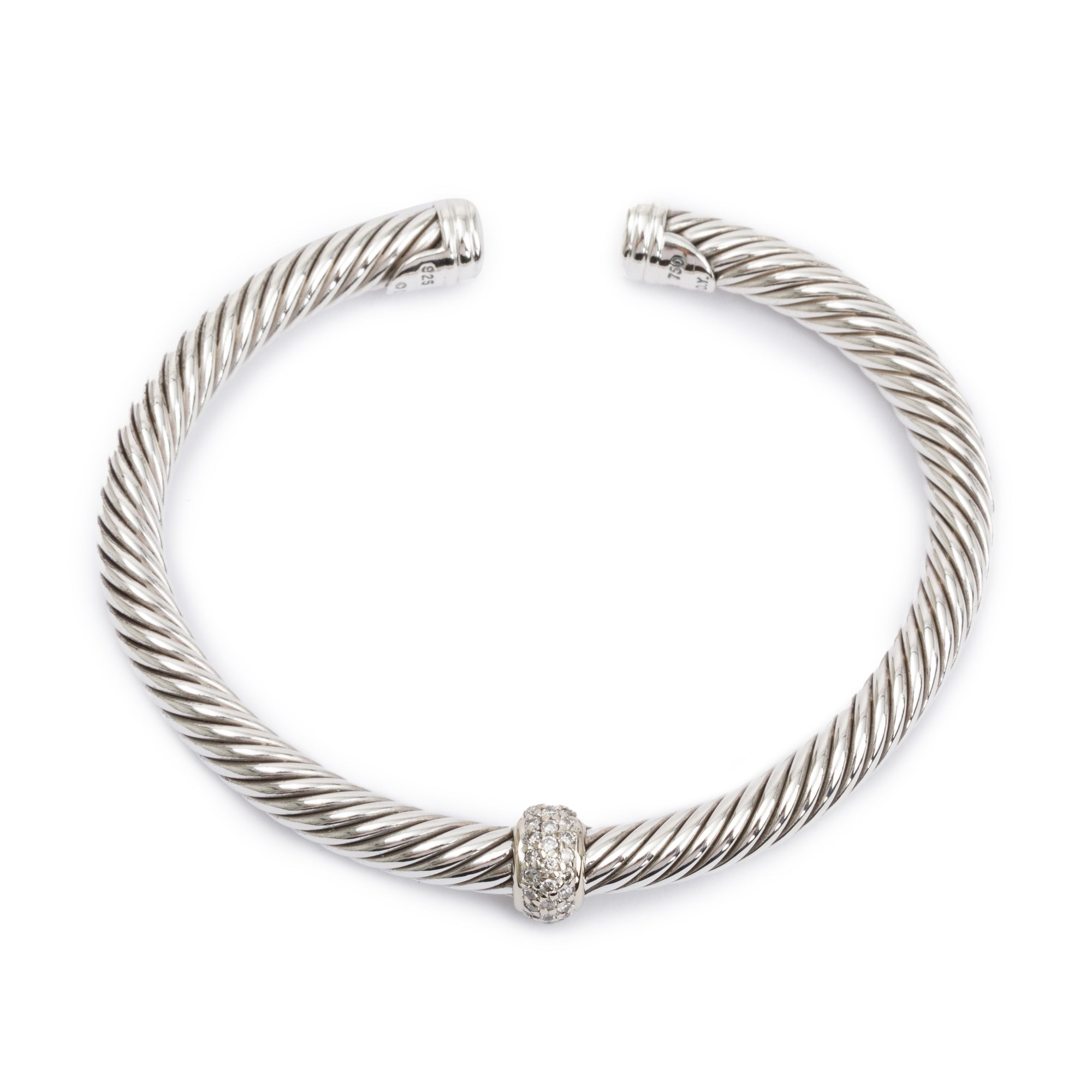David Yurman Sterling Silver 5MM Classic Cable Diamond Station Cuff Bracelet