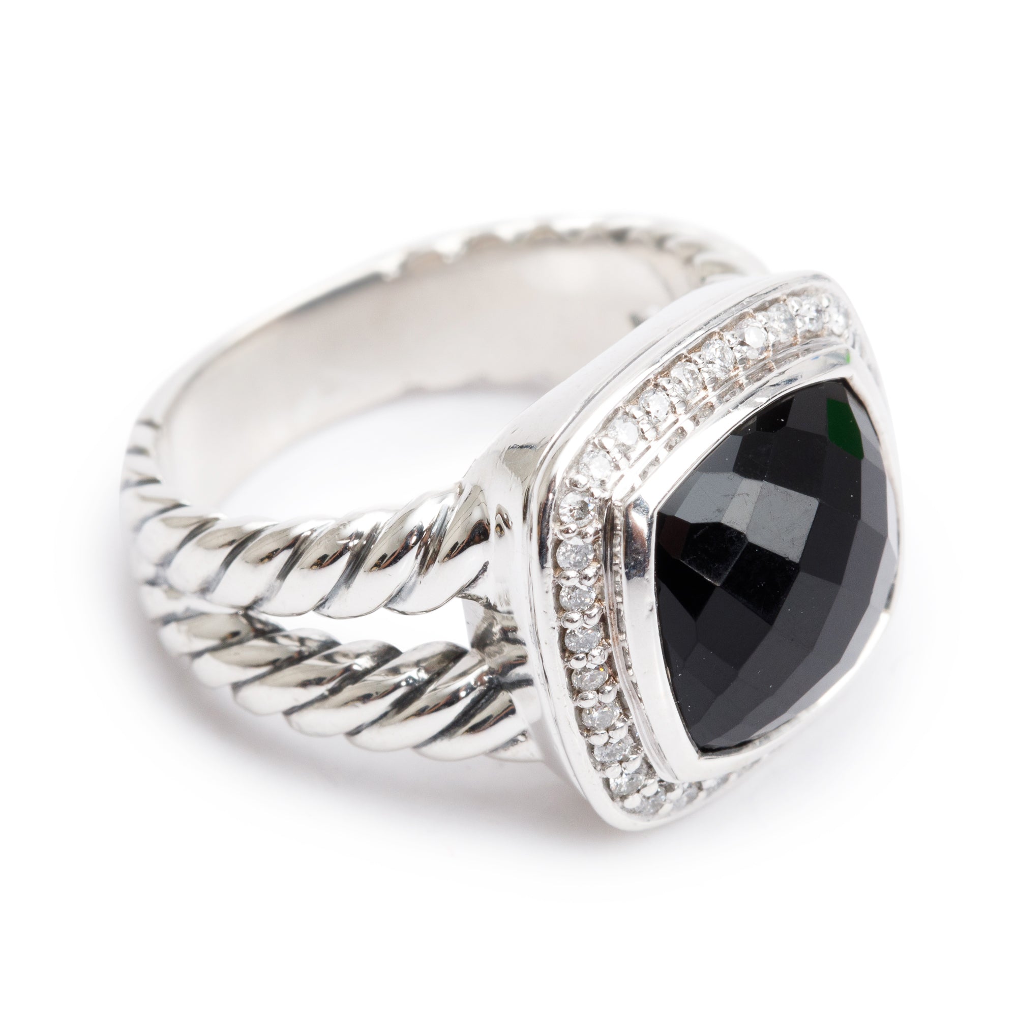 David Yurman Sterling Silver Albion Ring with Black Onyx & Diamonds, 11 MM Size 6.75