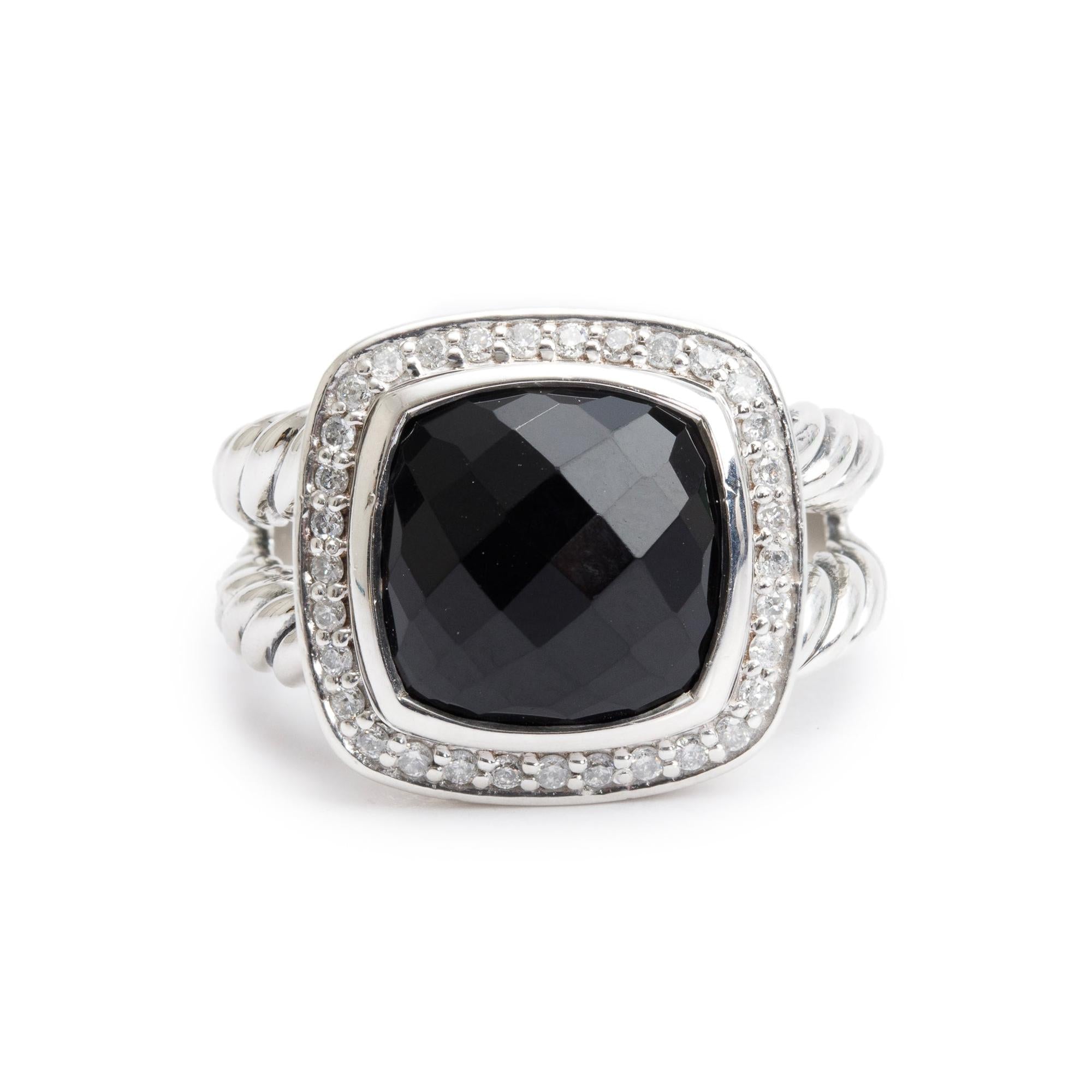 David Yurman Sterling Silver Albion Ring with Black Onyx & Diamonds, 11 MM Size 6.75
