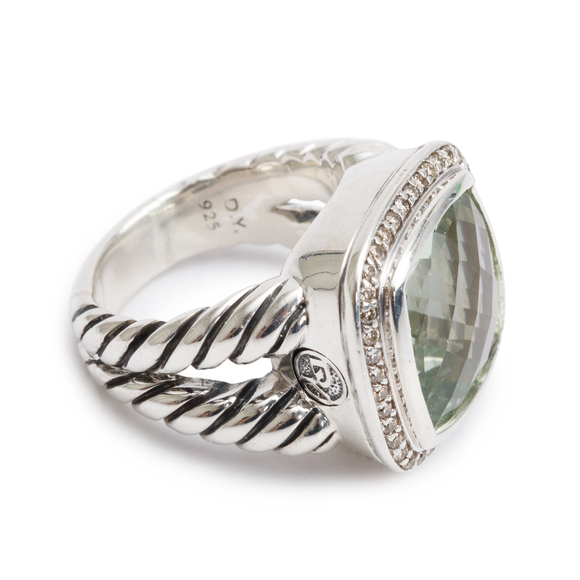 David Yurman Sterling Silver Albion Ring with Prasiolite & Diamonds, 14 MM Size 6.75