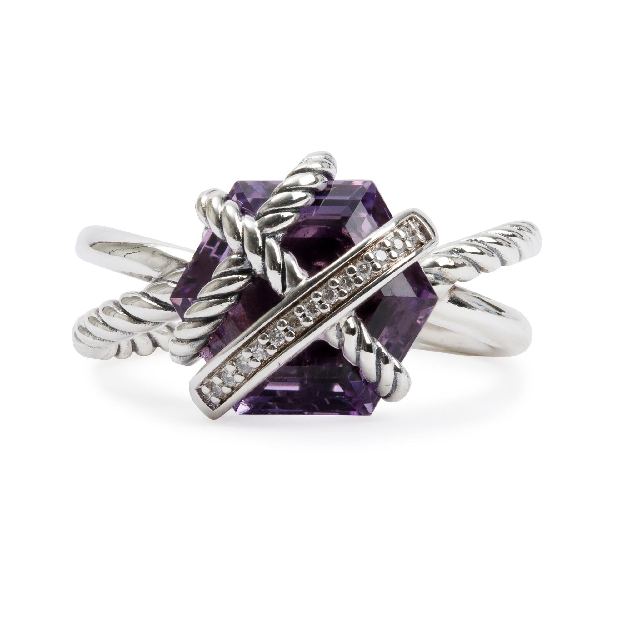 David Yurman Sterling Silver Amethyst & Diamond Cable Wrap Ring, Size 6