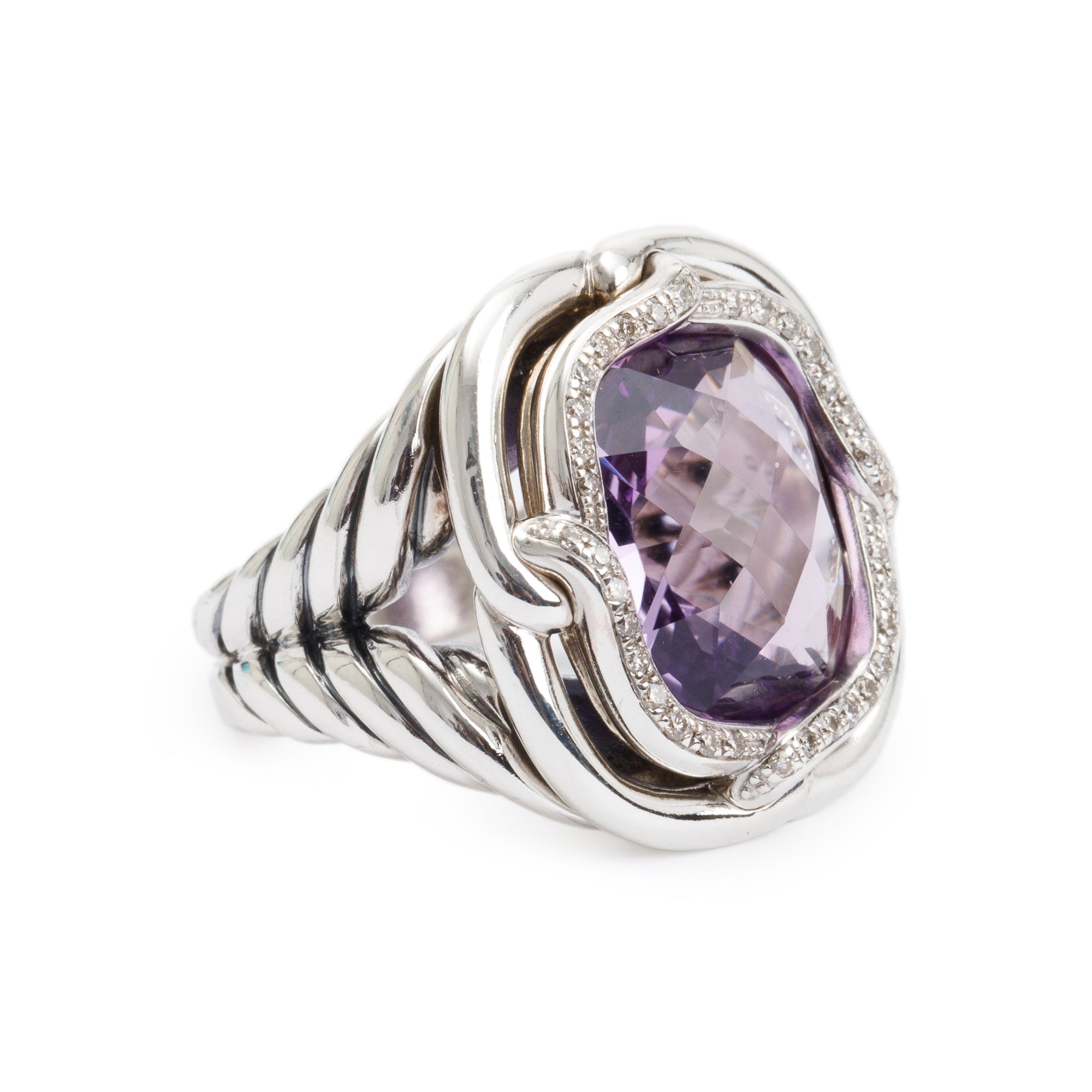David Yurman Sterling Silver Amethyst & Diamond Labyrinth Cocktail Ring, Size 5.5