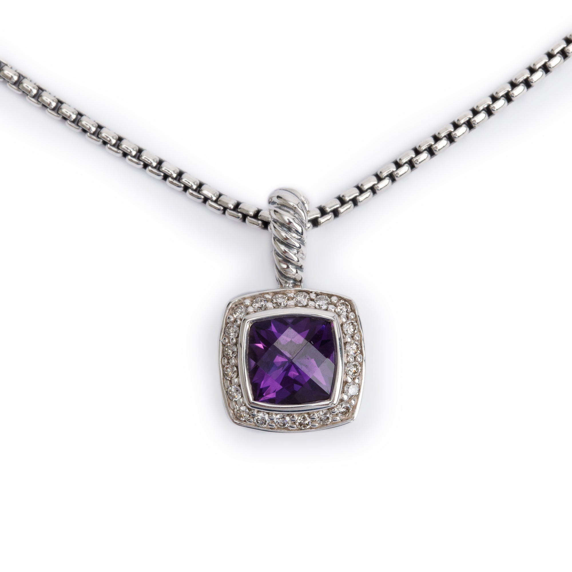 David Yurman Sterling Silver Amethyst & Diamond Petite Albion Pendant Necklace w/ Box