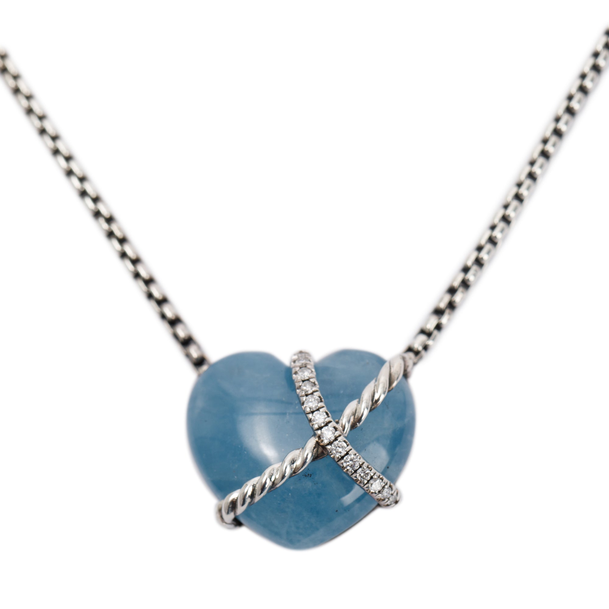 David Yurman Sterling Silver Aquamarine & Diamond Le Petit Coeur Sculpted Heart Pendant Necklace
