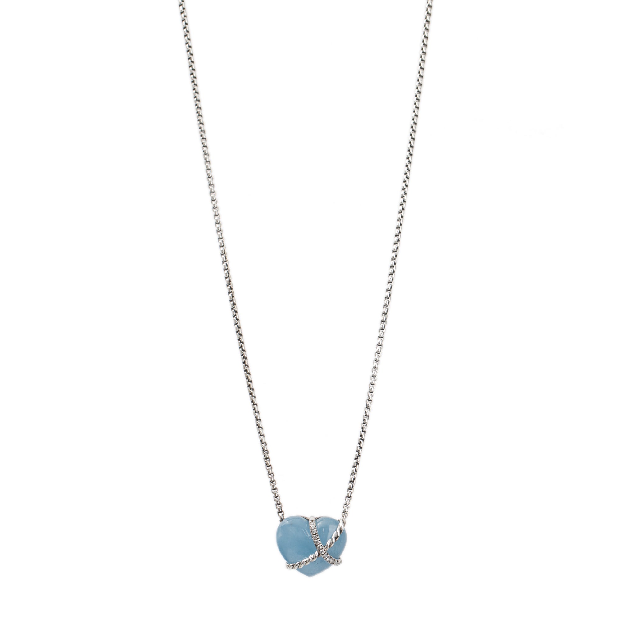 David Yurman Sterling Silver Aquamarine & Diamond Le Petit Coeur Sculpted Heart Pendant Necklace