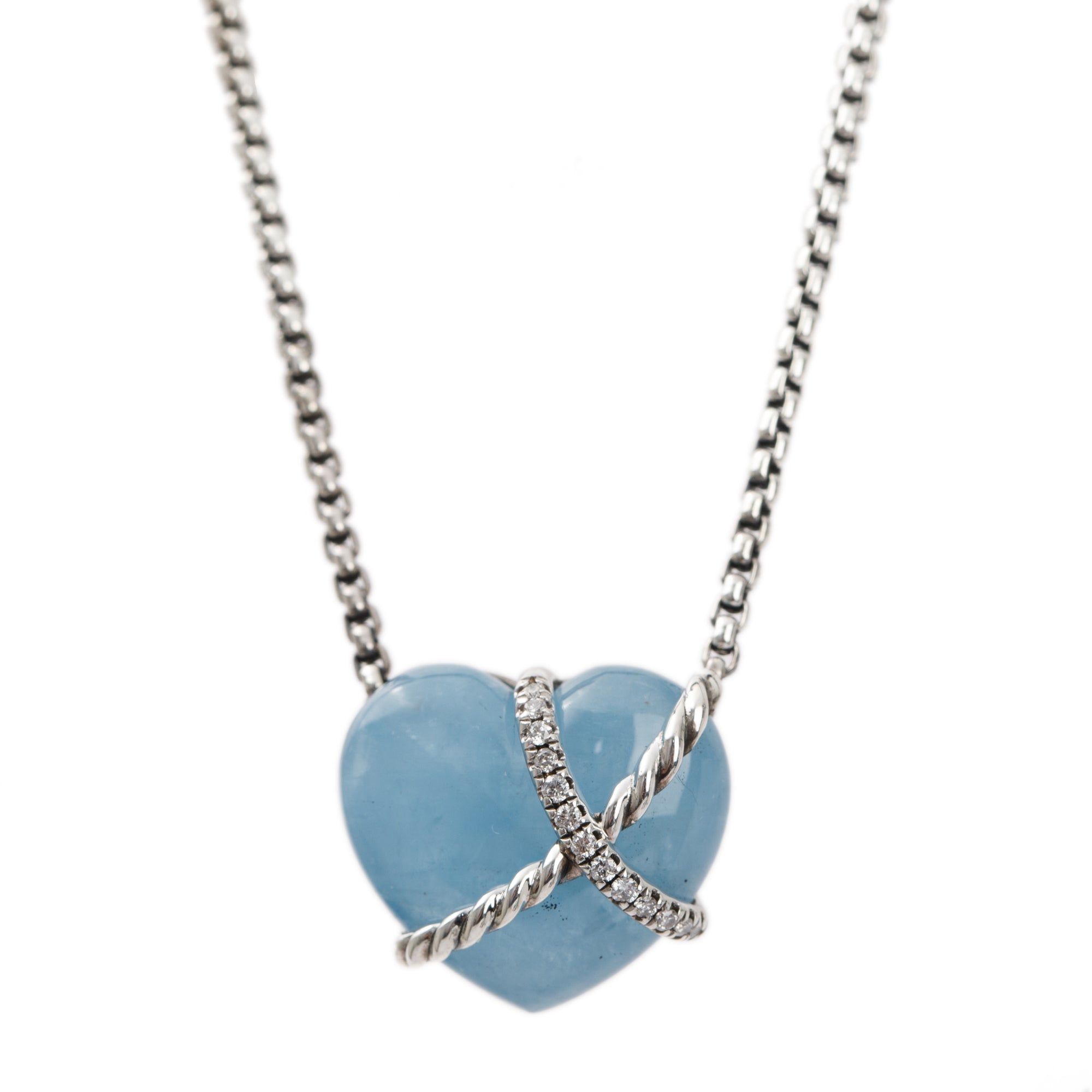 David Yurman Sterling Silver Aquamarine & Diamond Le Petit Coeur Sculpted Heart Pendant Necklace