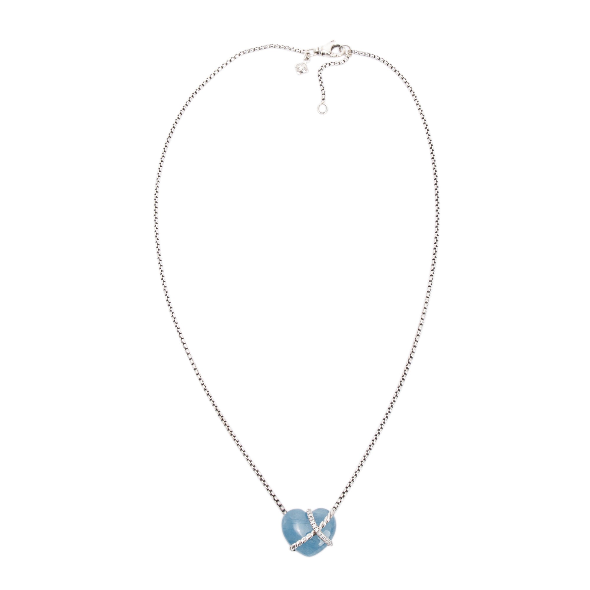 David Yurman Sterling Silver Aquamarine & Diamond Le Petit Coeur Sculpted Heart Pendant Necklace